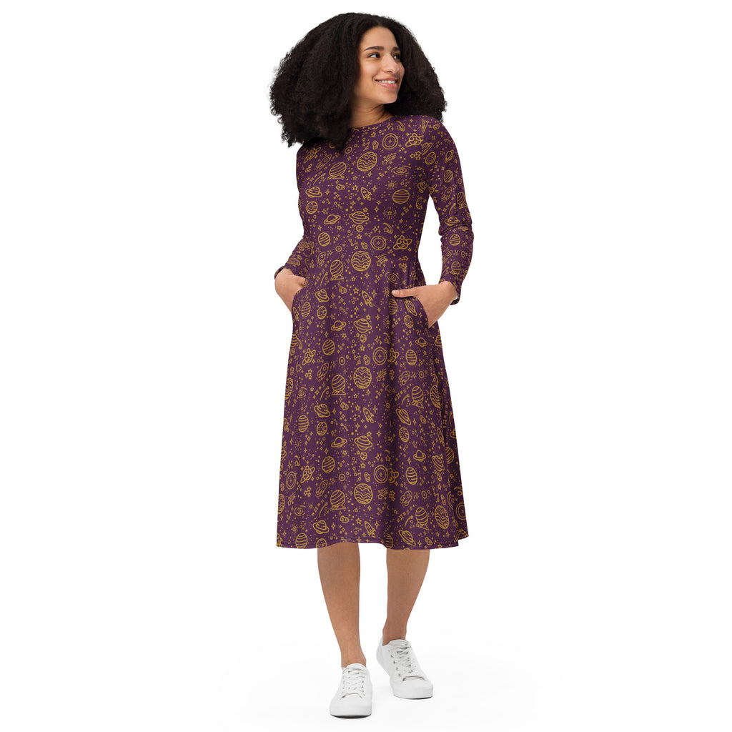 Long Sleeve Pocket Flare Dress - 'Galactic Gold'