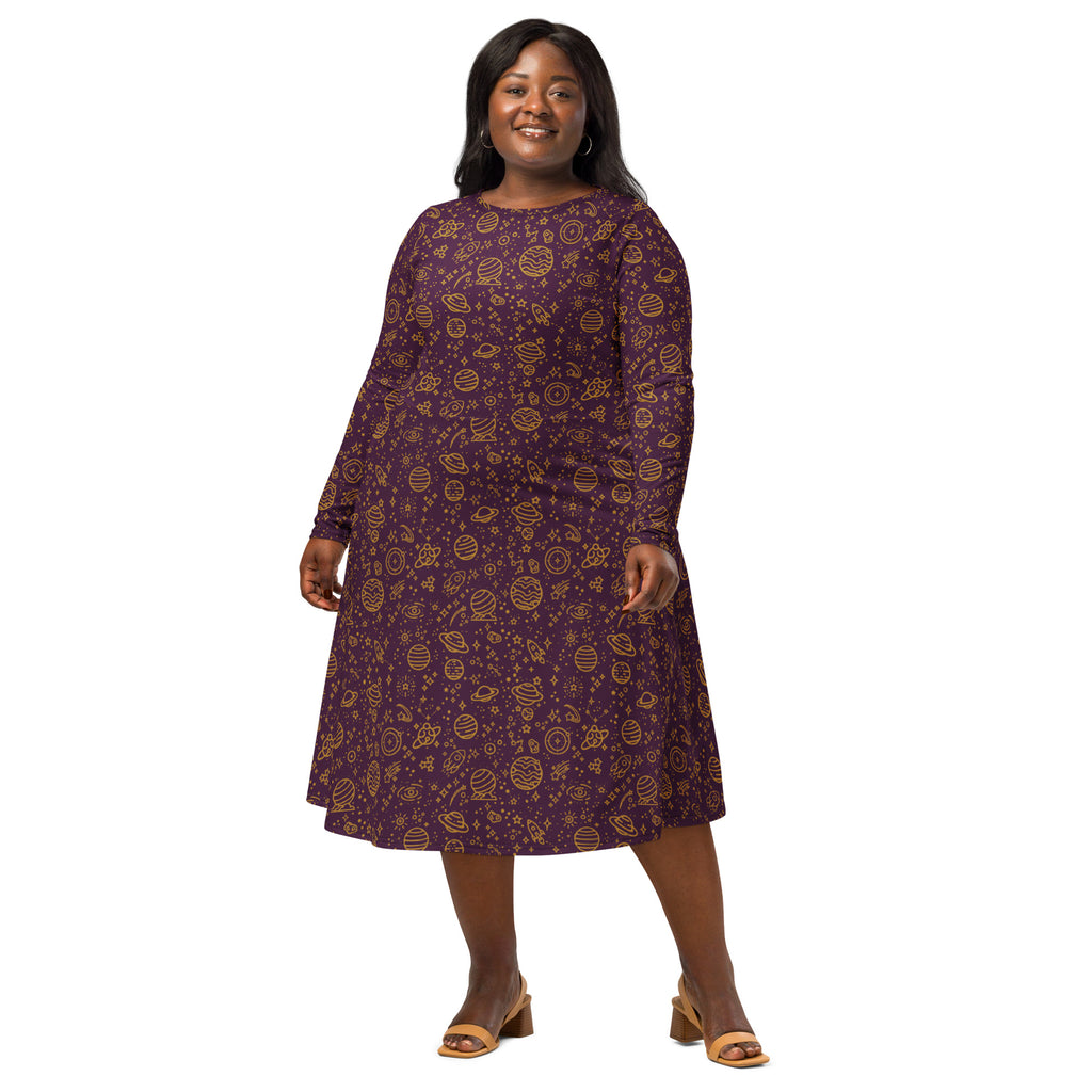 Long Sleeve Pocket Flare Dress - 'Galactic Gold'