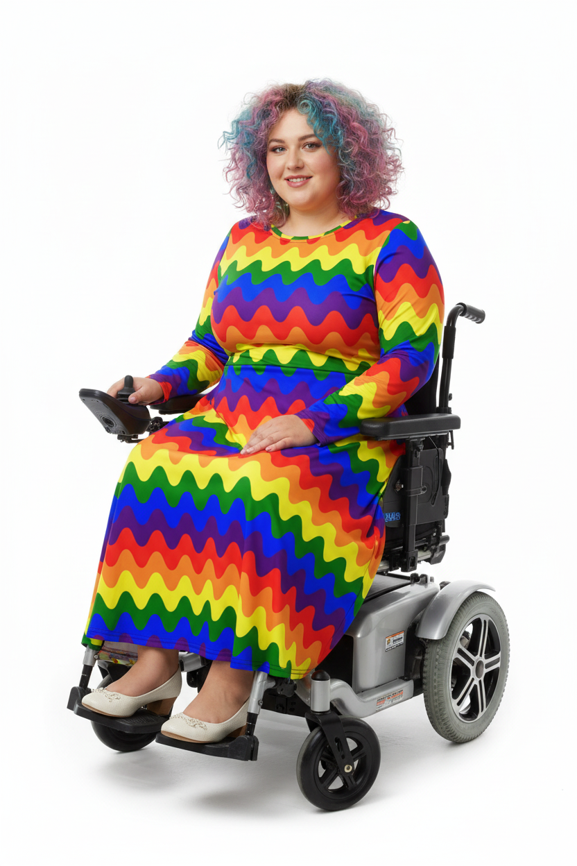 Long Sleeve Pocket Flare Dress - 'Rainbow Waves'