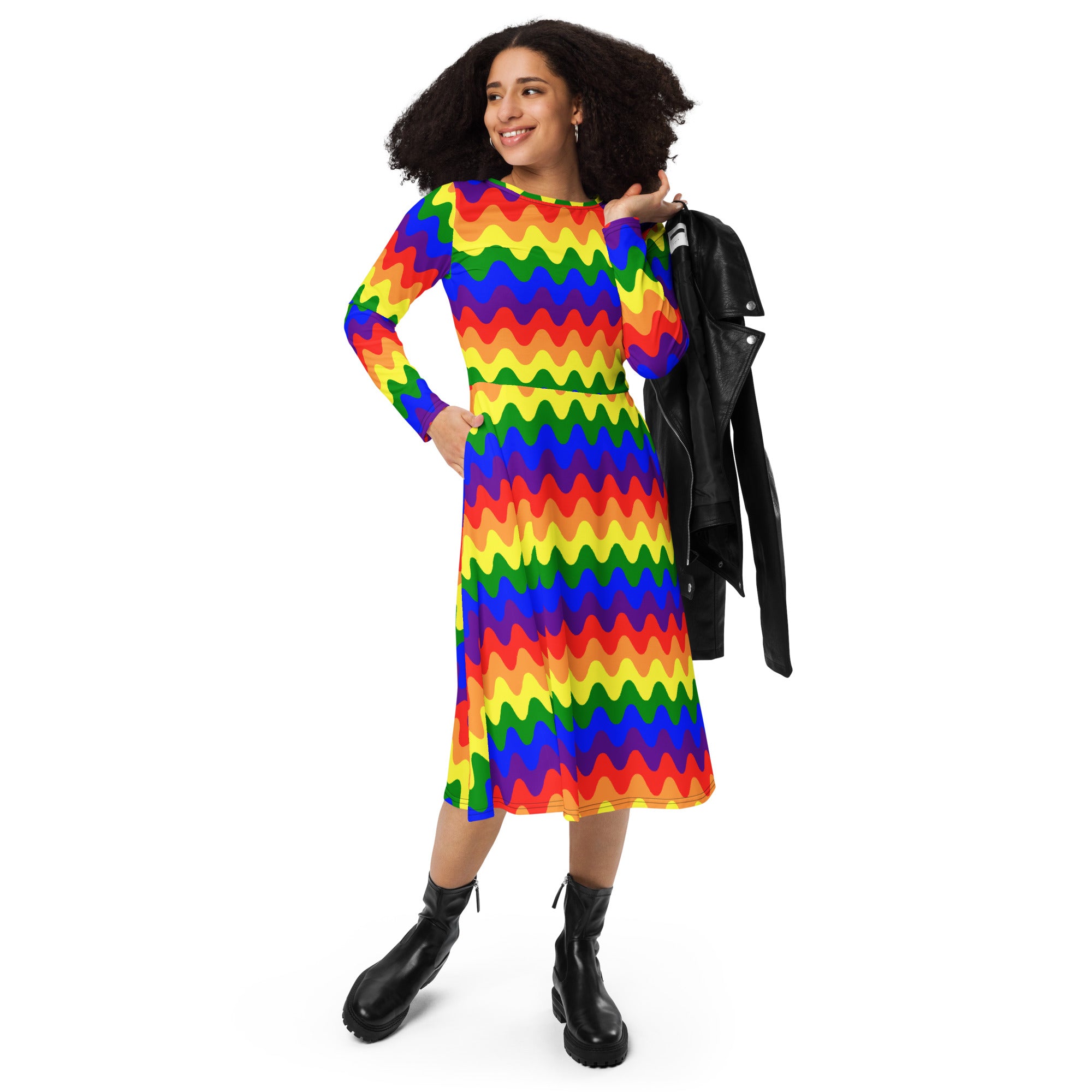 Long Sleeve Pocket Flare Dress - 'Rainbow Waves'