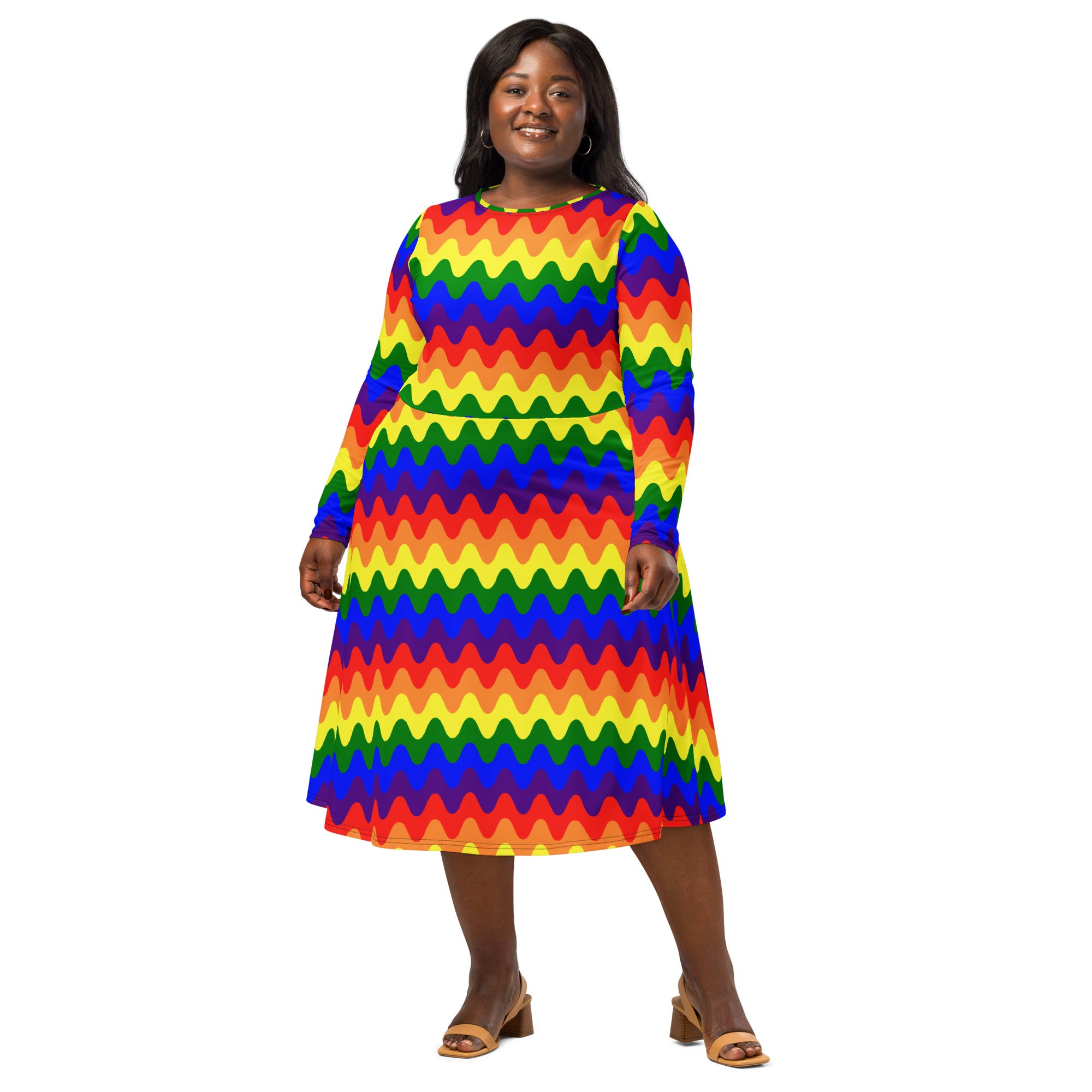Long Sleeve Pocket Flare Dress - 'Rainbow Waves'