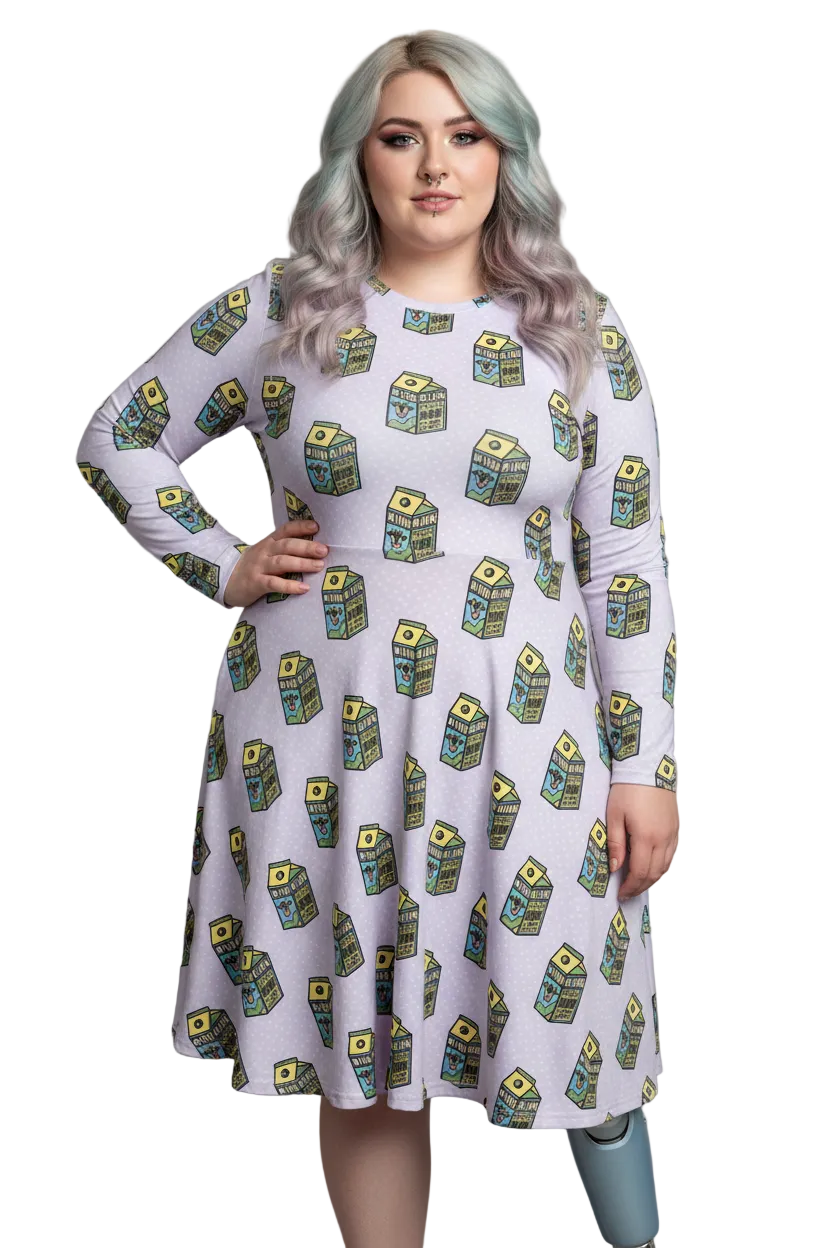 Long Sleeve Pocket Flare Dress - 'Got Milk?'