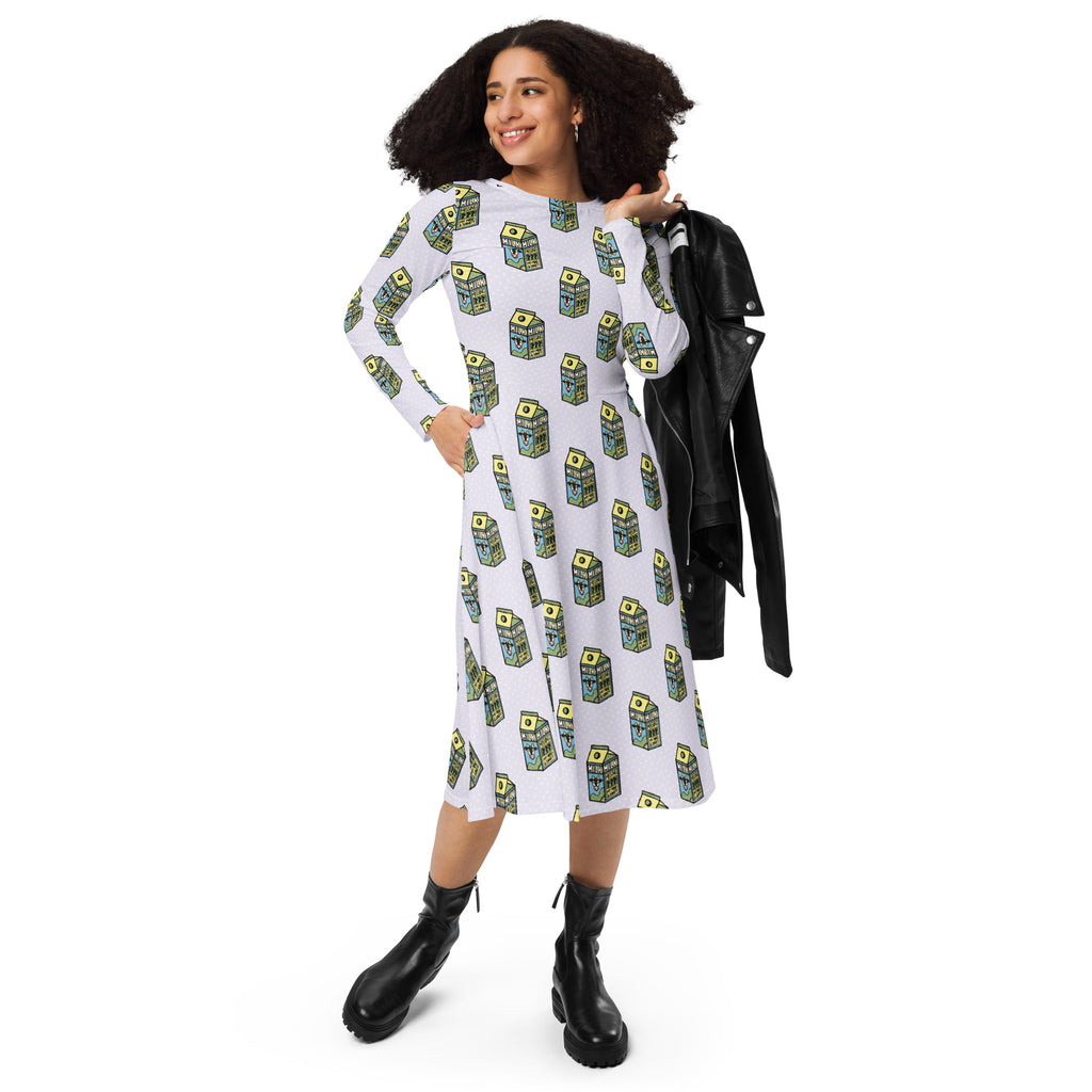 Long Sleeve Pocket Flare Dress - 'Got Milk?'
