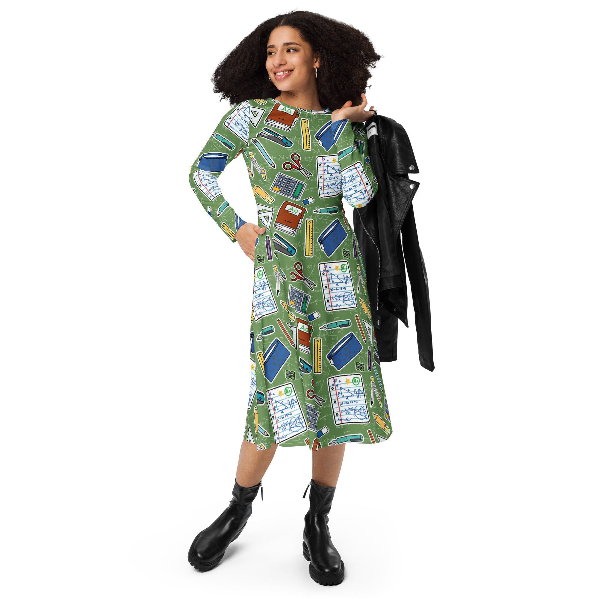 Long Sleeve Pocket Flare Dress - 'Teacher's Pet'