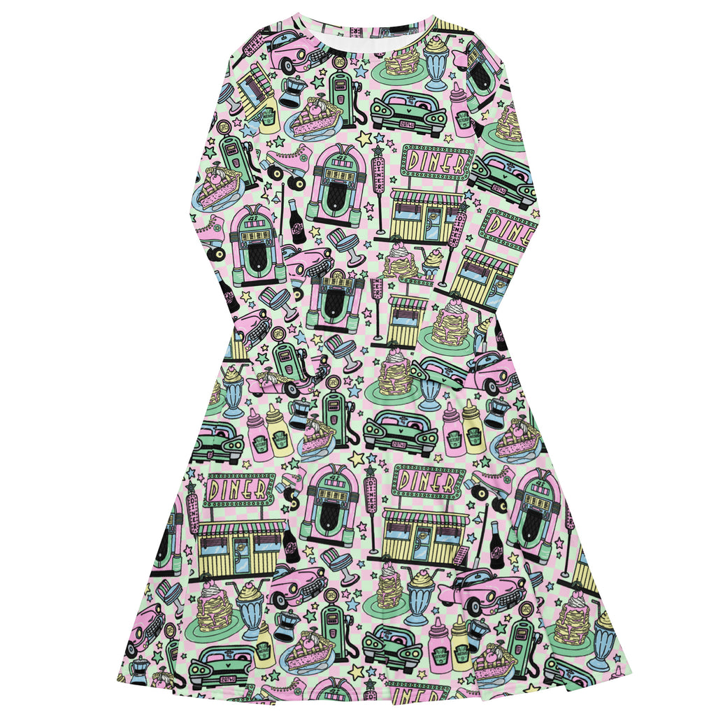 Long Sleeve Pocket Flare Dress - 'Bubblegum Diner' 6XL