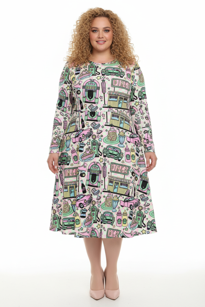 Long Sleeve Pocket Flare Dress - 'Bubblegum Diner'