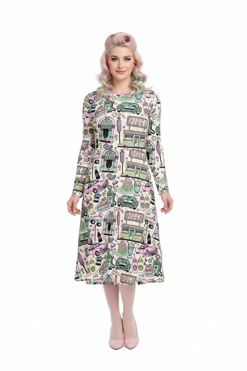 Long Sleeve Pocket Flare Dress - 'Bubblegum Diner'