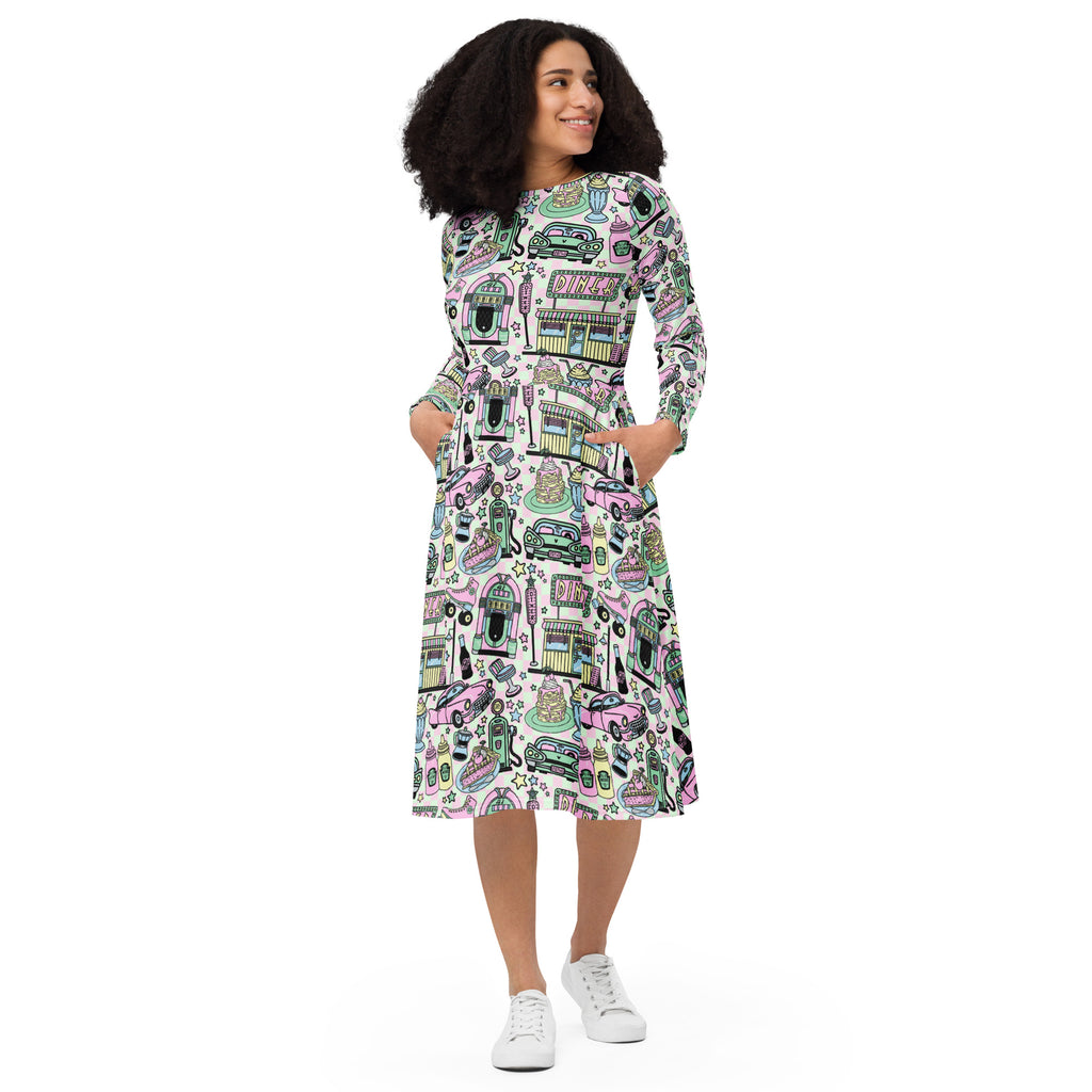 Long Sleeve Pocket Flare Dress - 'Bubblegum Diner'