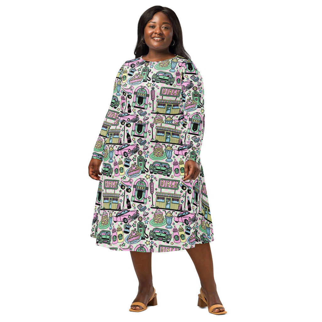 Long Sleeve Pocket Flare Dress - 'Bubblegum Diner'