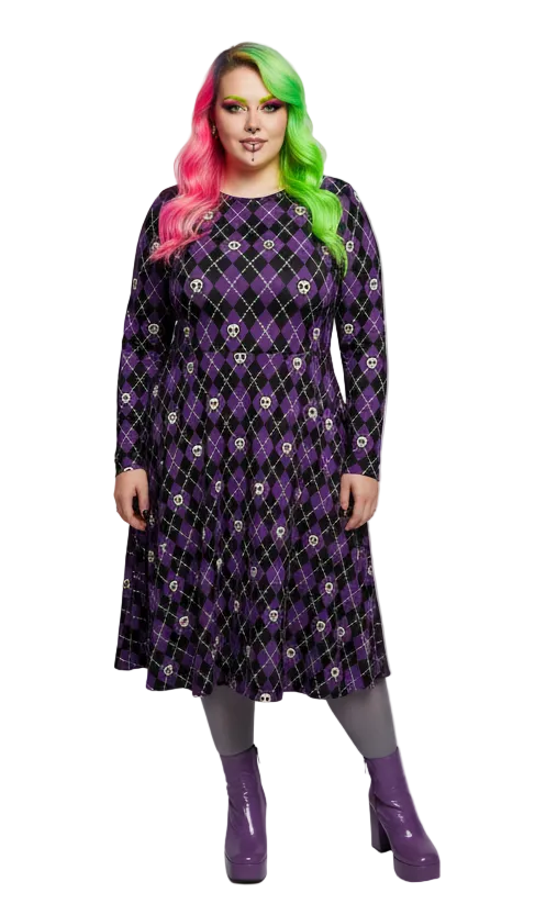 Long Sleeve Pocket Flare Dress - 'Diamond Skulls'