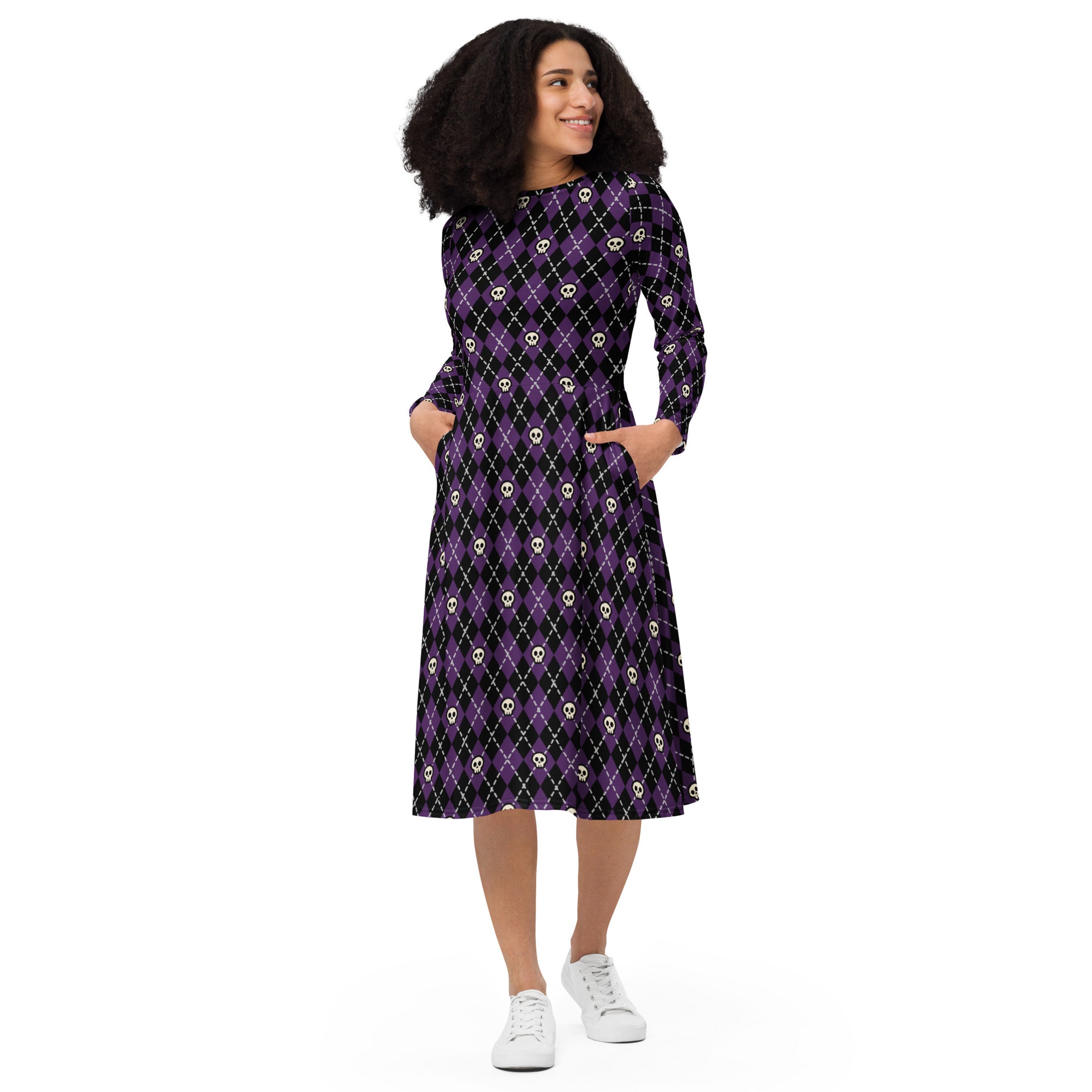 Long Sleeve Pocket Flare Dress - 'Diamond Skulls'
