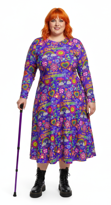 Long Sleeve Pocket Flare Dress - 'Glitter Stickers'