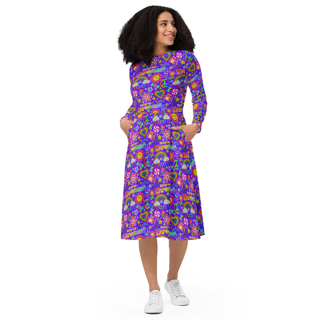 Long Sleeve Pocket Flare Dress - 'Glitter Stickers'