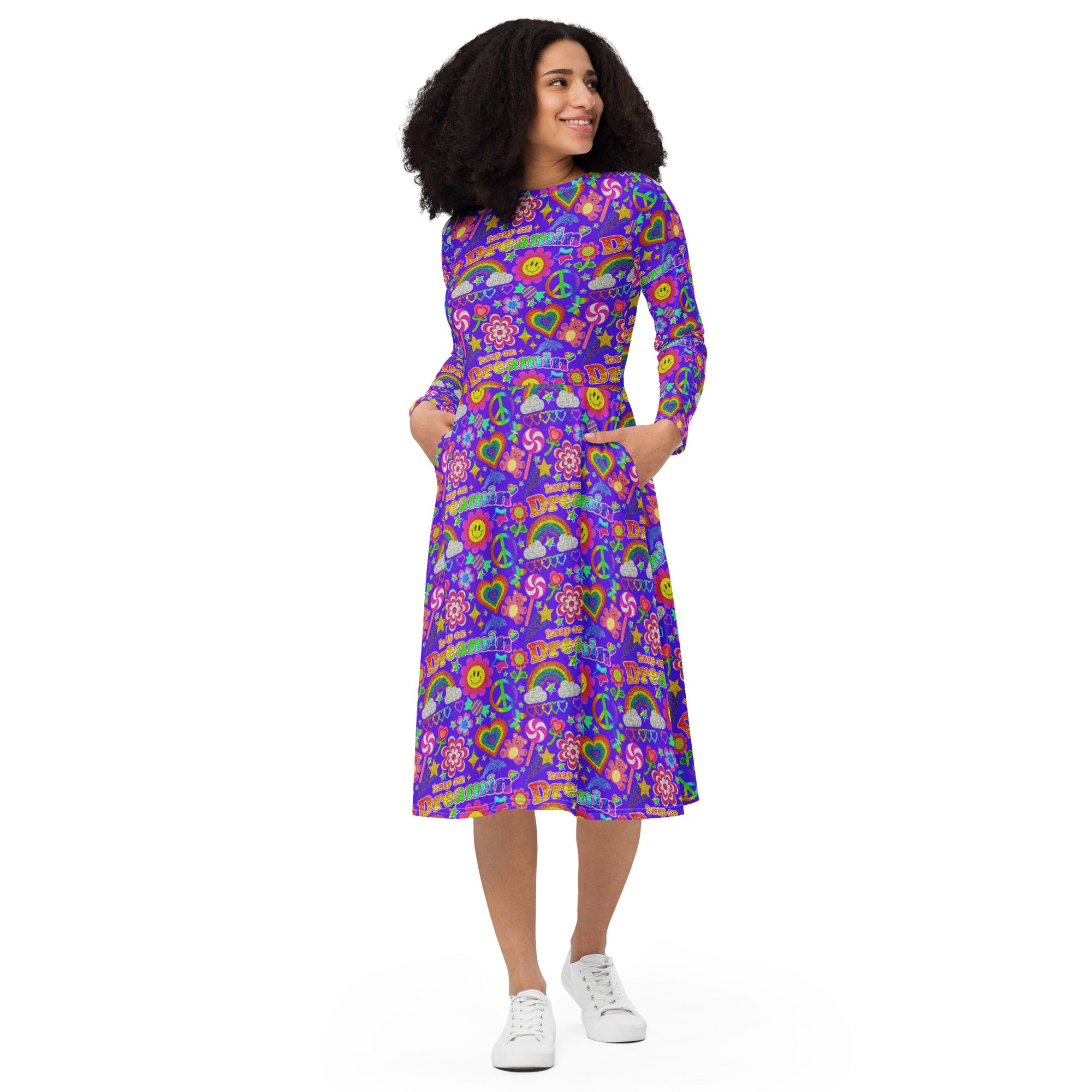 Long Sleeve Pocket Flare Dress - 'Glitter Stickers'