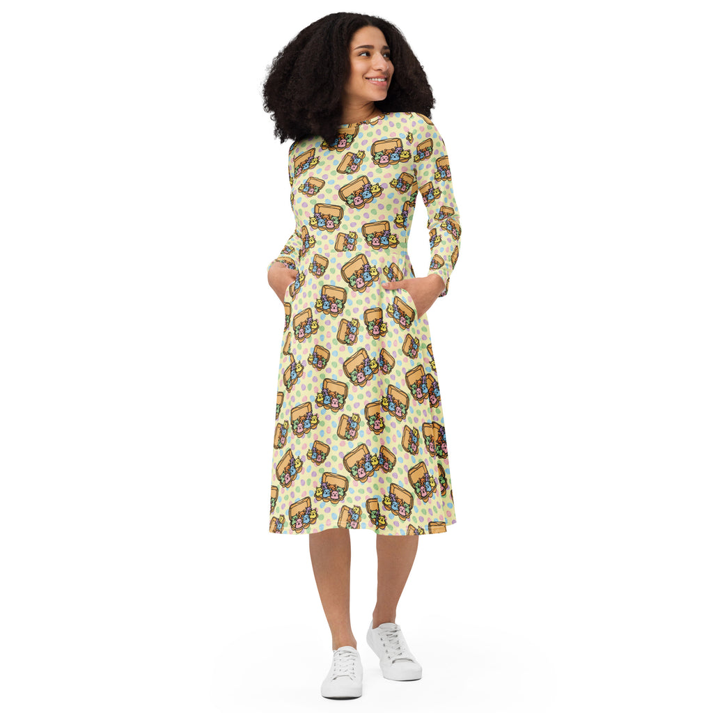 Long Sleeve Pocket Flare Dress - 'Easter Kittens'