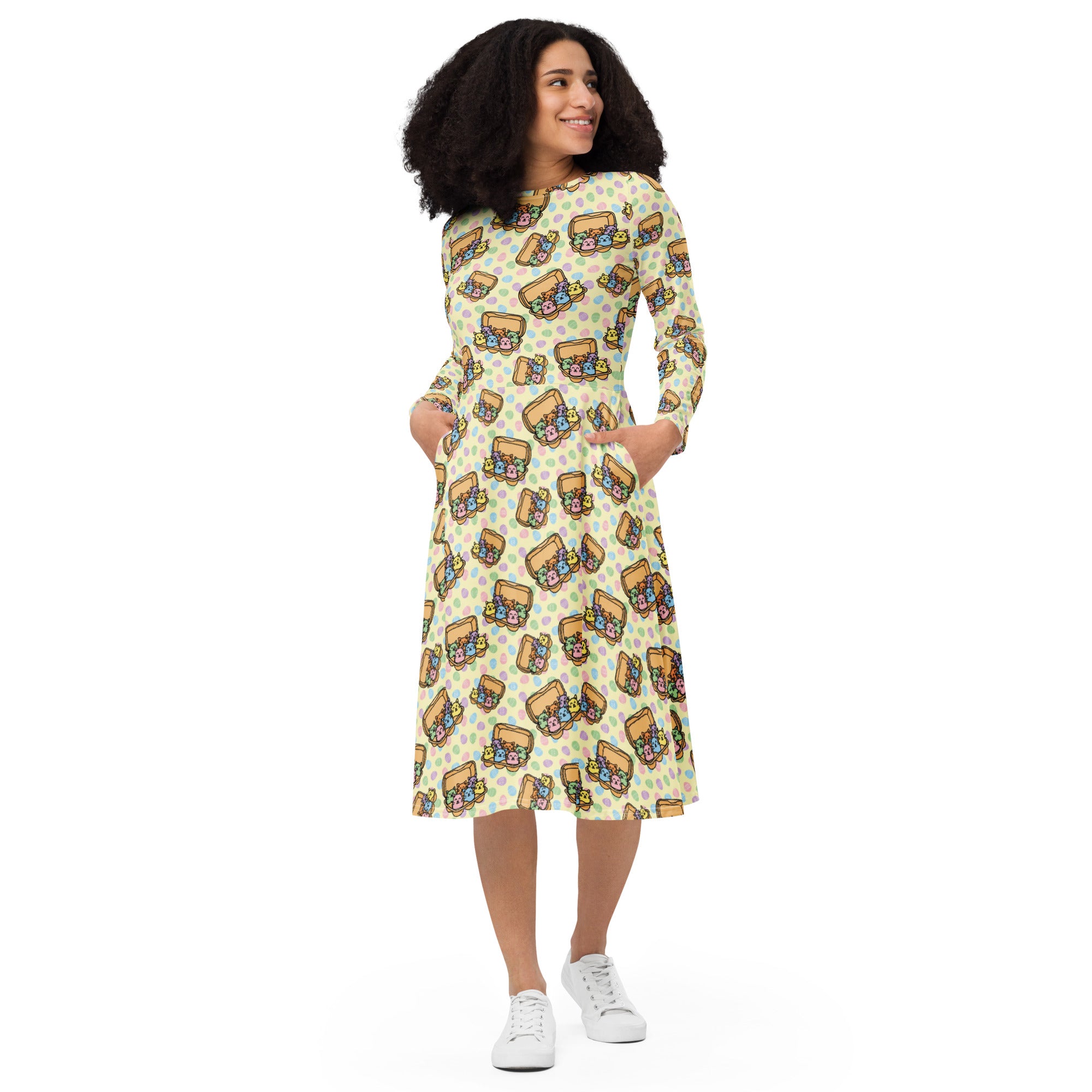 Long Sleeve Pocket Flare Dress - 'Easter Kittens'