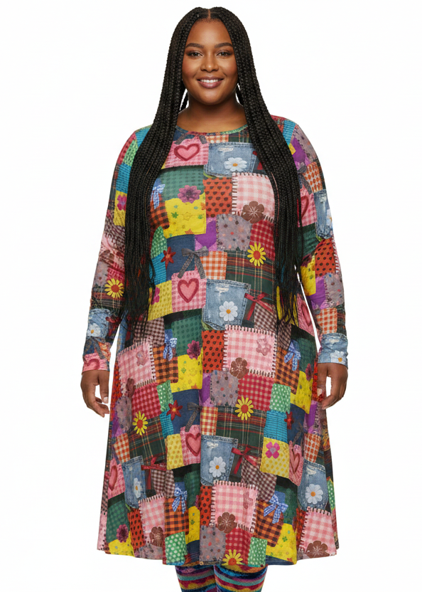 Long Sleeve Pocket Flare Dress - 'Perfect Patchwork'