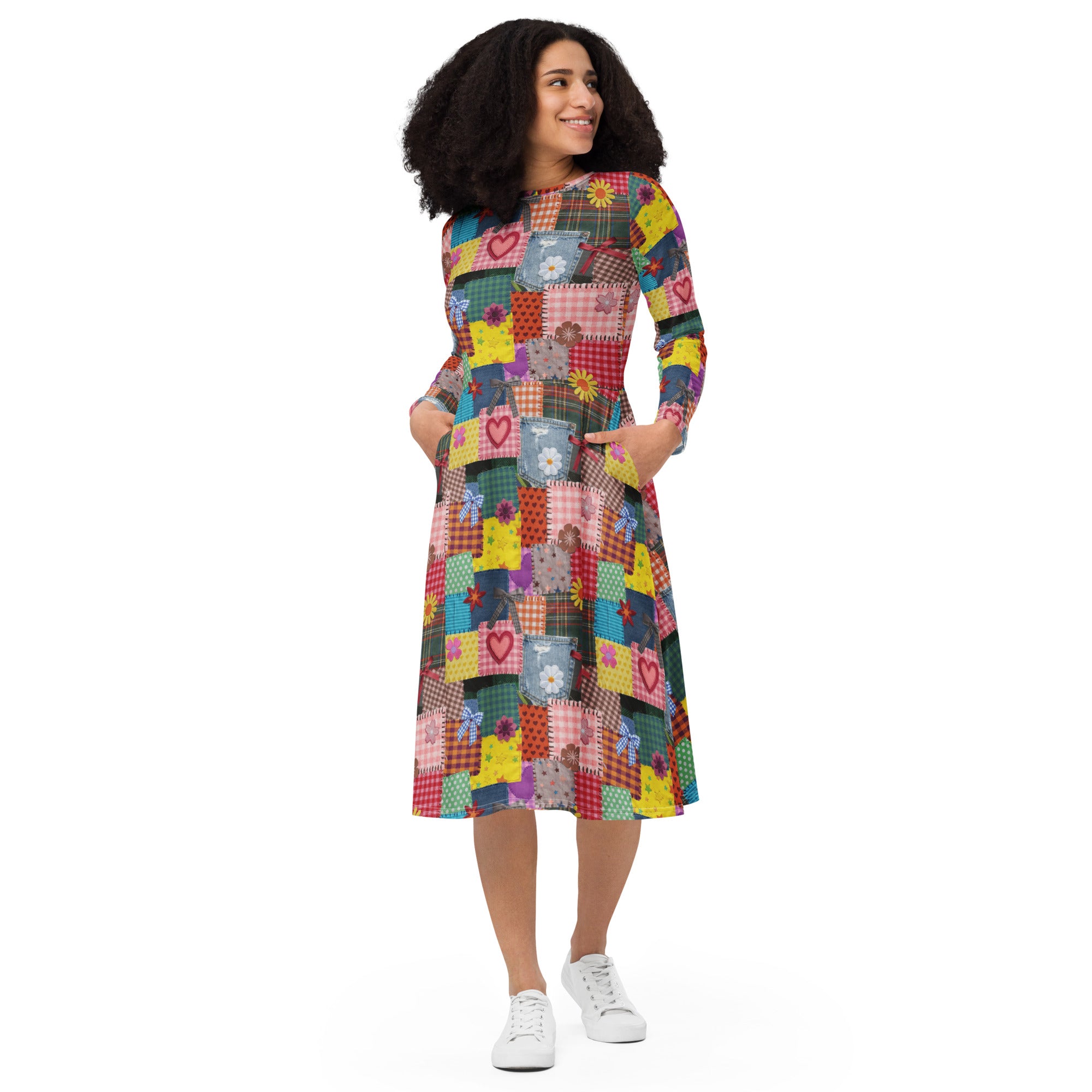 Long Sleeve Pocket Flare Dress - 'Perfect Patchwork'