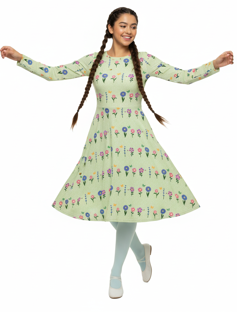 Long Sleeve Pocket Flare Dress - 'Spring Stems'