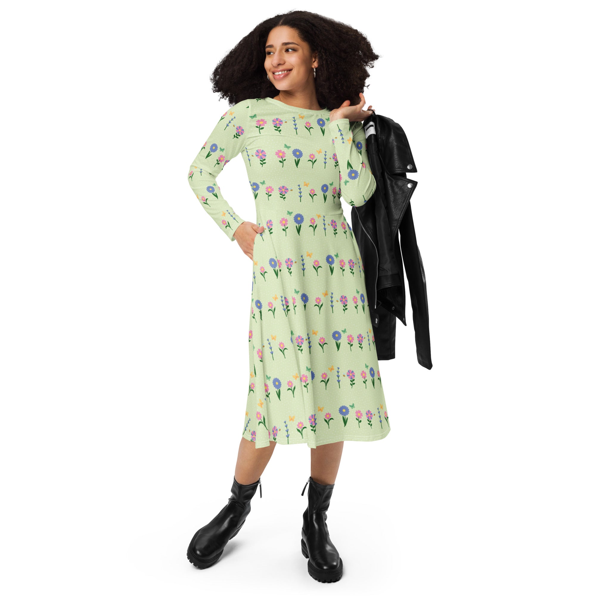 Long Sleeve Pocket Flare Dress - 'Spring Stems'