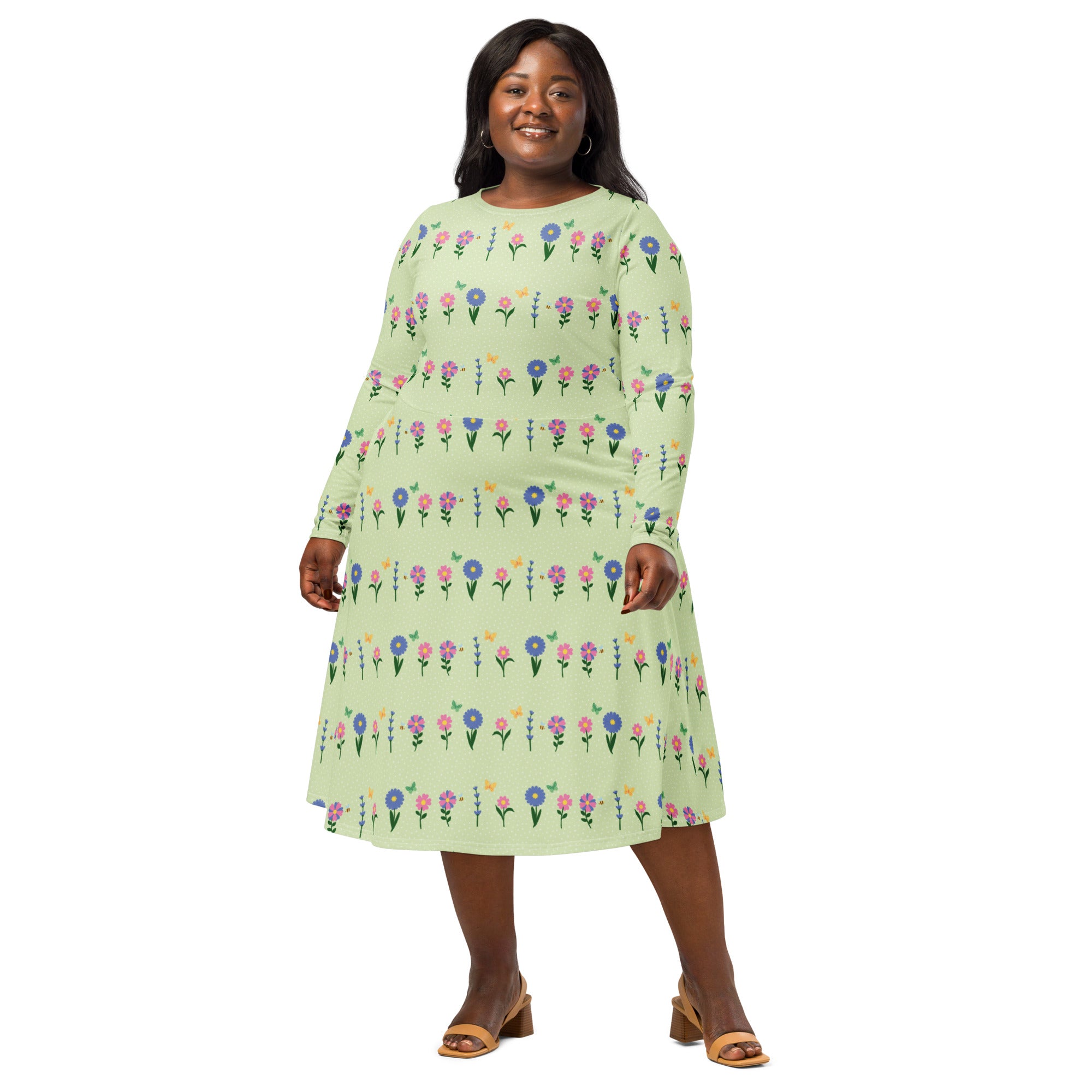 Long Sleeve Pocket Flare Dress - 'Spring Stems'