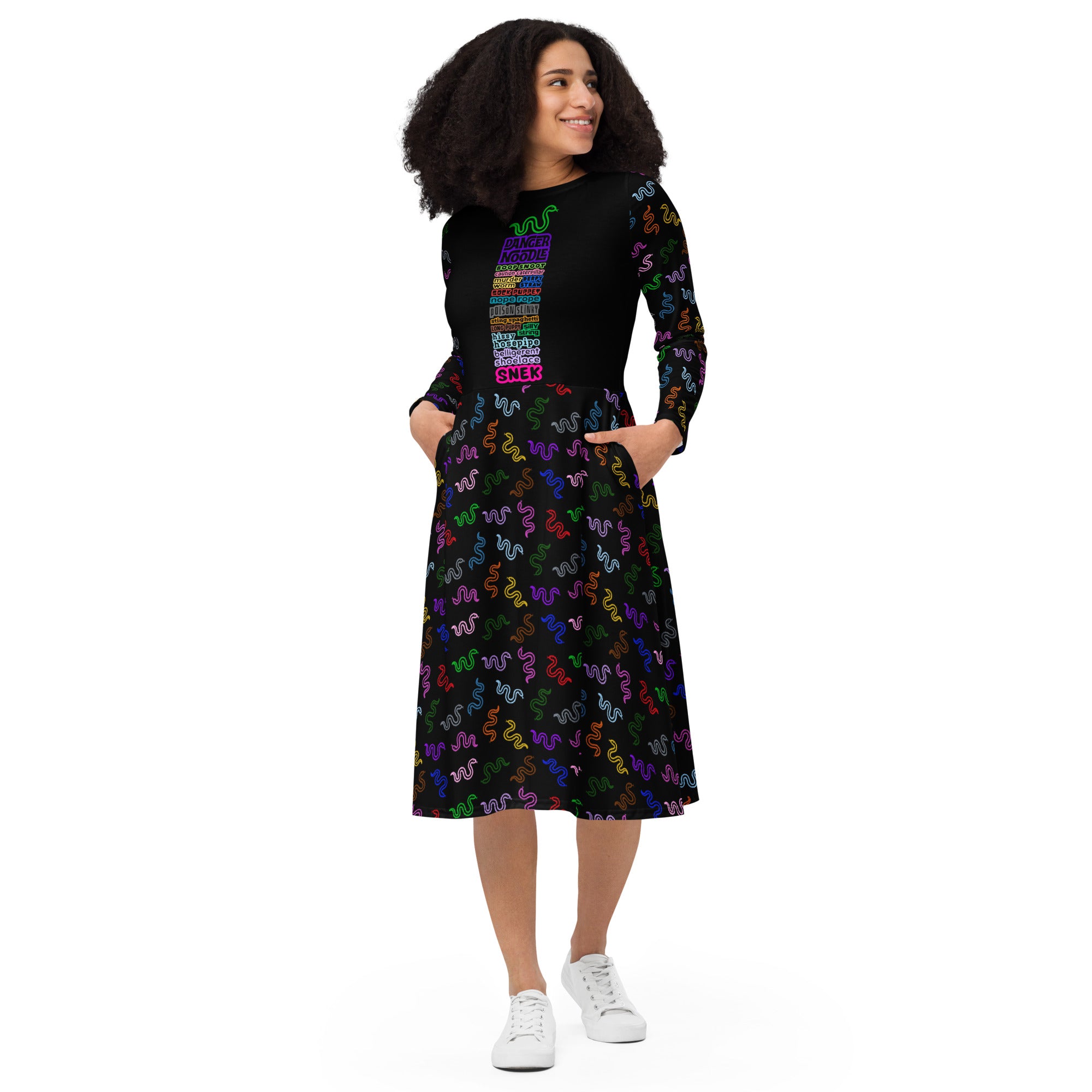 Long Sleeve Pocket Flare Dress - 'Danger Noodle' Long Sleeve Dress