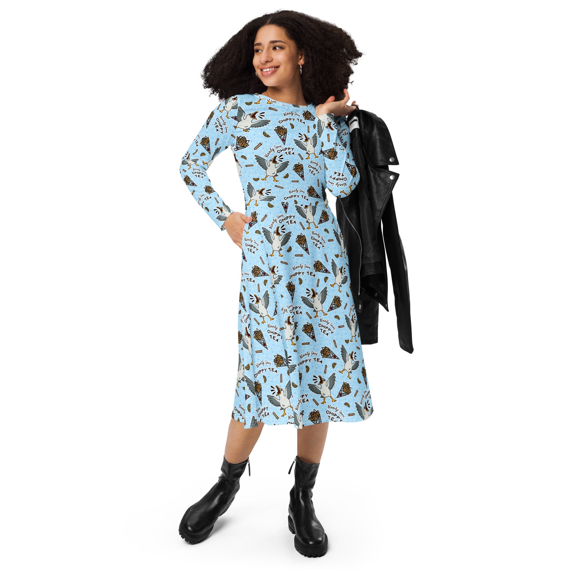 Long Sleeve Pocket Flare Dress - 'Chippy Tea' Long Sleeve Dress