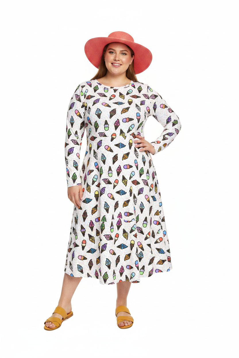 Long Sleeve Pocket Flare Dress - 'Ice Cream' Long Sleeve Dress