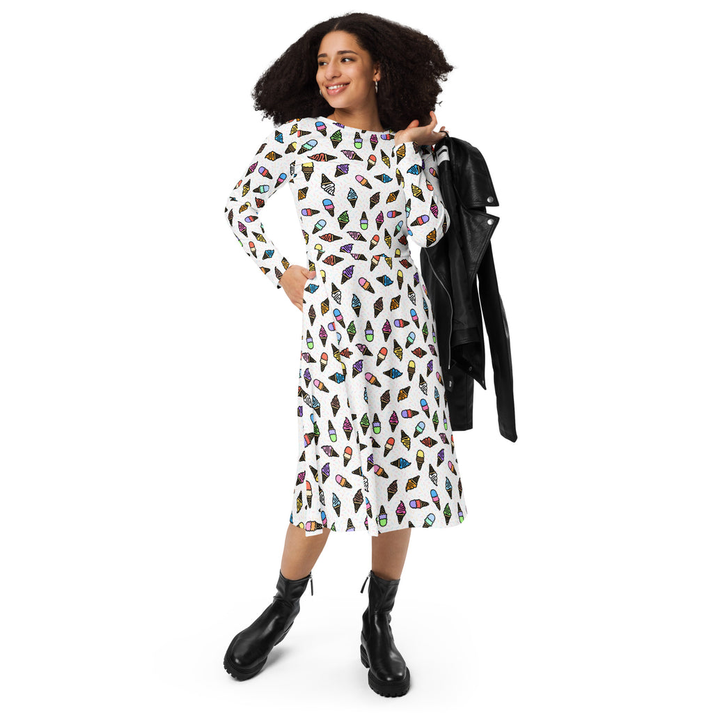 Long Sleeve Pocket Flare Dress - 'Ice Cream' Long Sleeve Dress