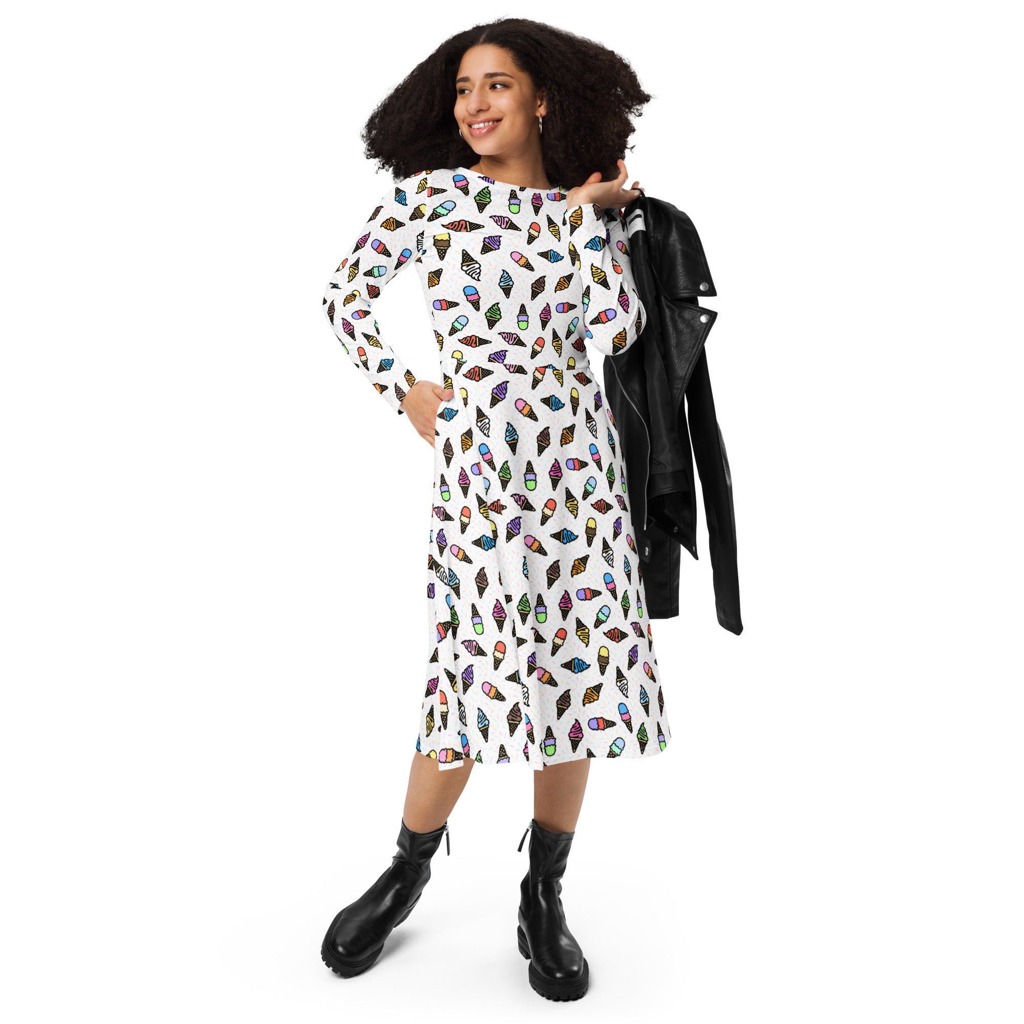 Long Sleeve Pocket Flare Dress - 'Ice Cream' Long Sleeve Dress