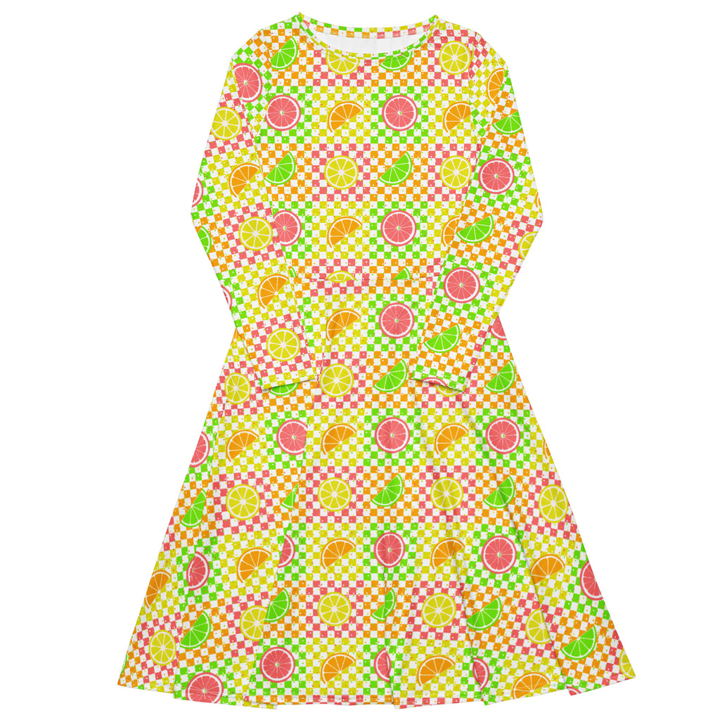 Long Sleeve Pocket Flare Dress - 'Citrus Squares' 6XL