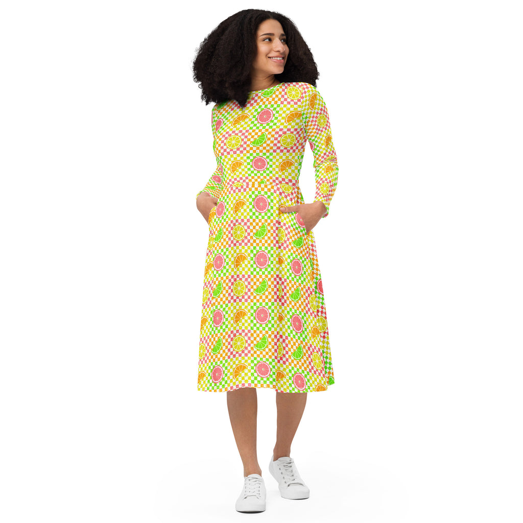 Long Sleeve Pocket Flare Dress - 'Citrus Squares'