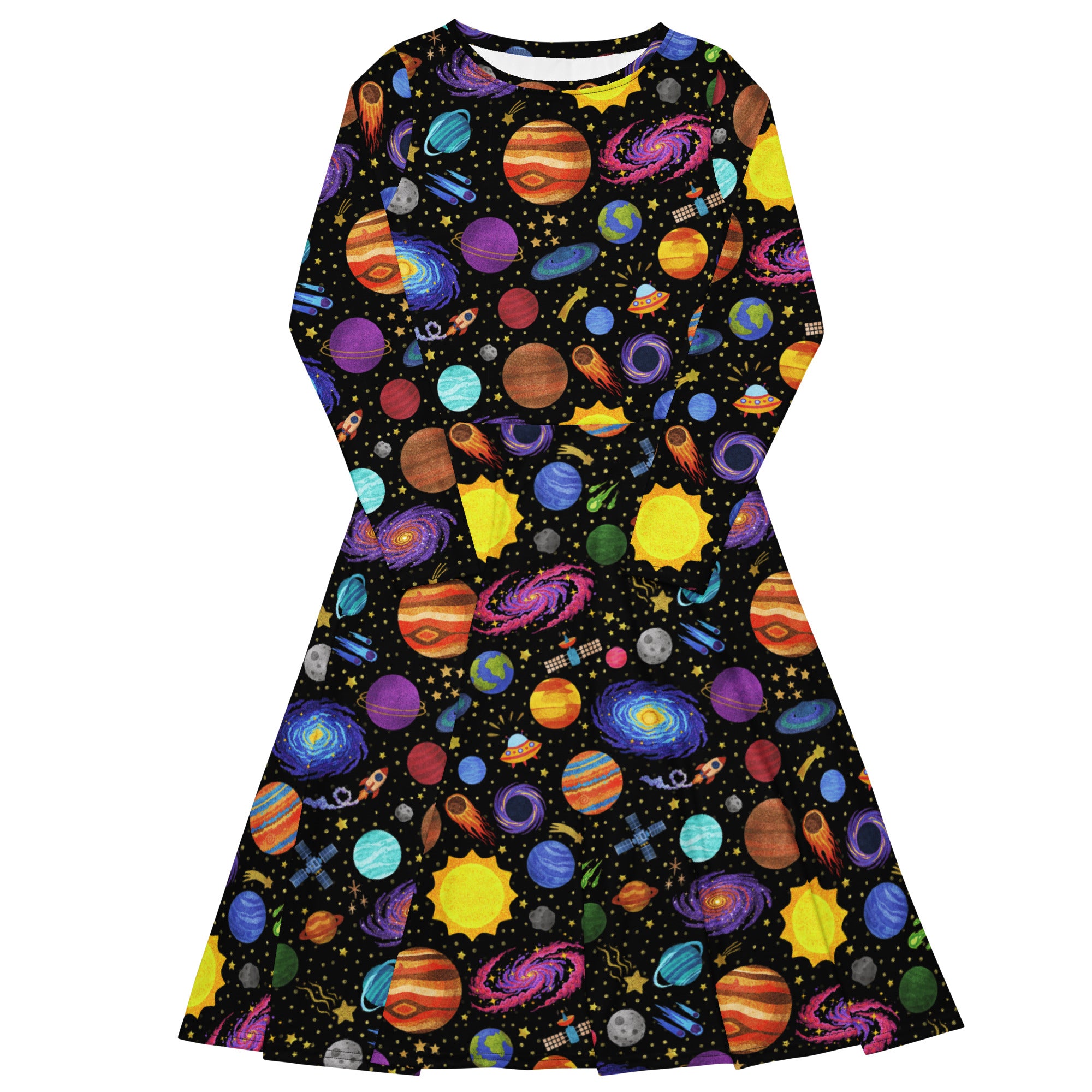 Long Sleeve Pocket Flare Dress - 'Glittering Galaxies' 6XL CUT-SEW