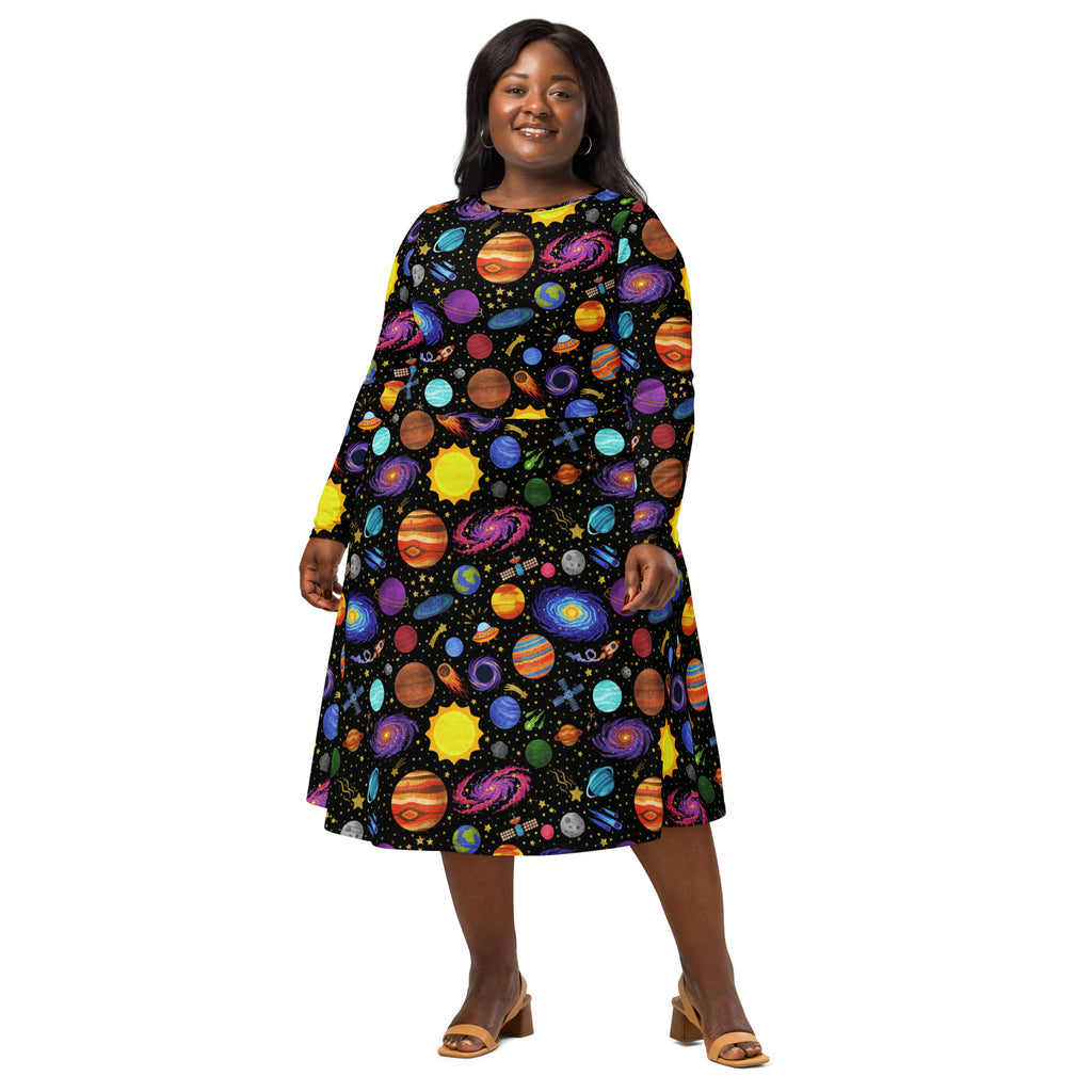 Long Sleeve Pocket Flare Dress - 'Glittering Galaxies' CUT-SEW