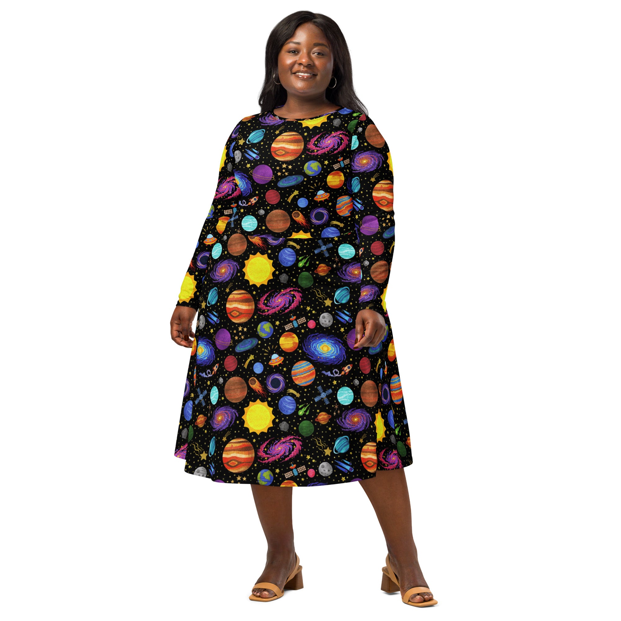 Long Sleeve Pocket Flare Dress - 'Glittering Galaxies' CUT-SEW