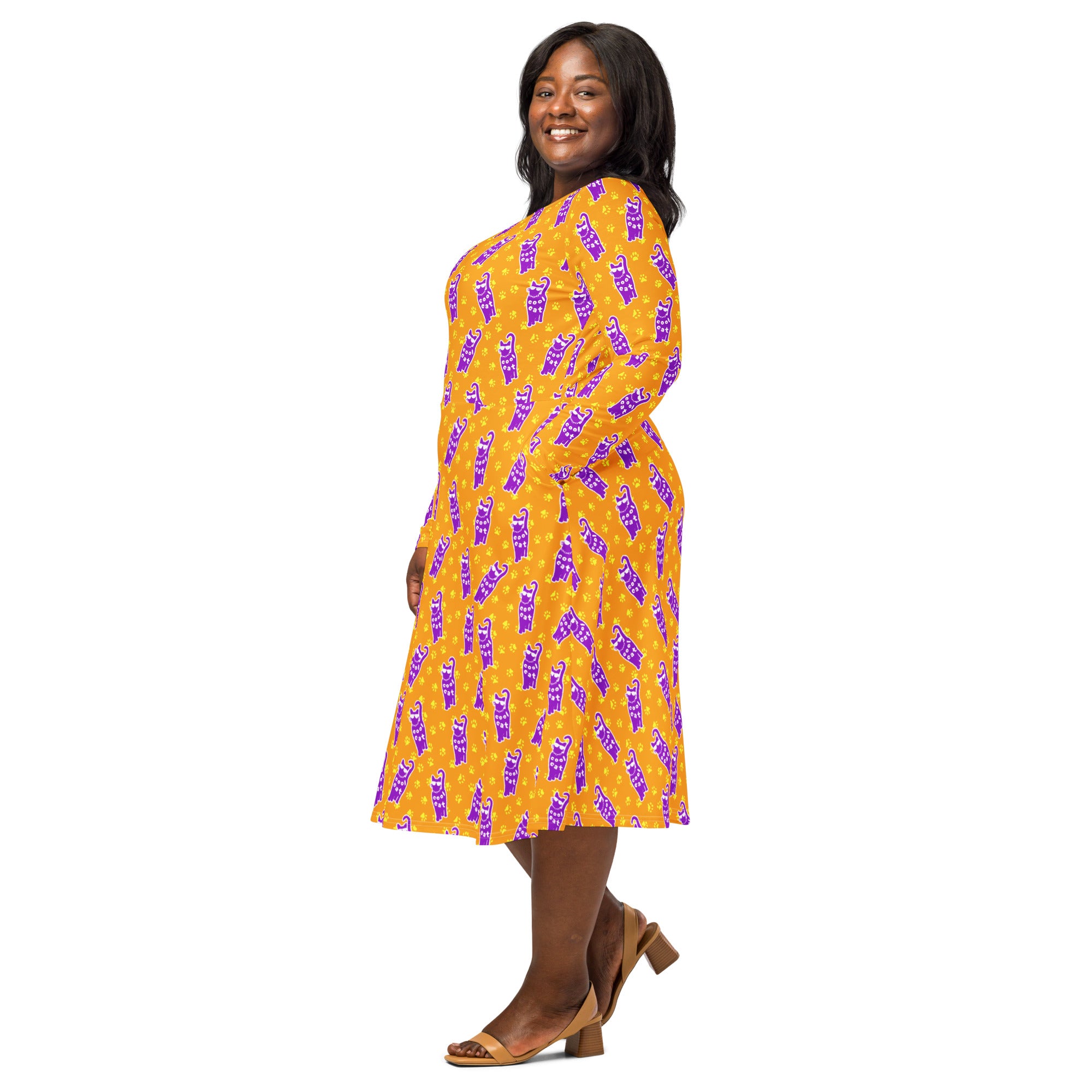 Long Sleeve Pocket Flare Dress - 'Cool Cat'