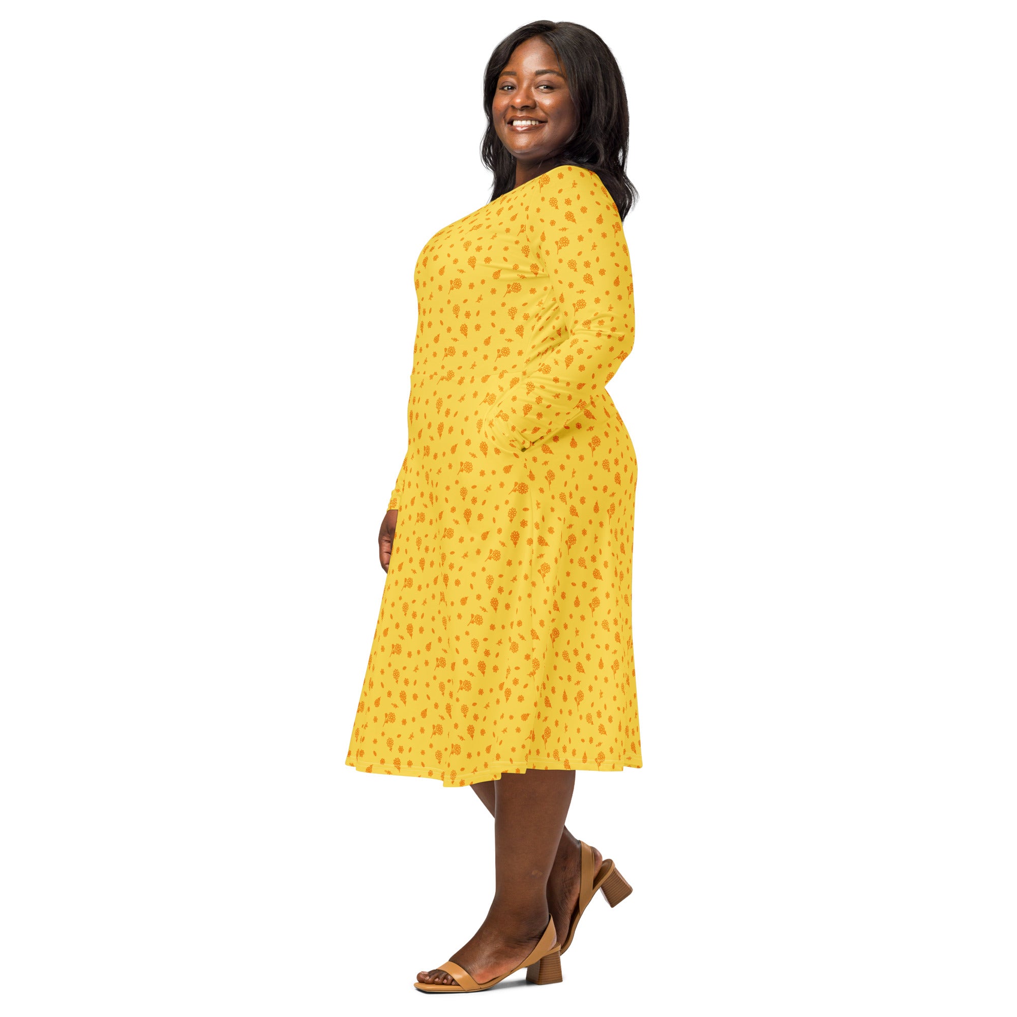 Long Sleeve Pocket Flare Dress - 'Itsy Bitsy Daisy (Marigold)'