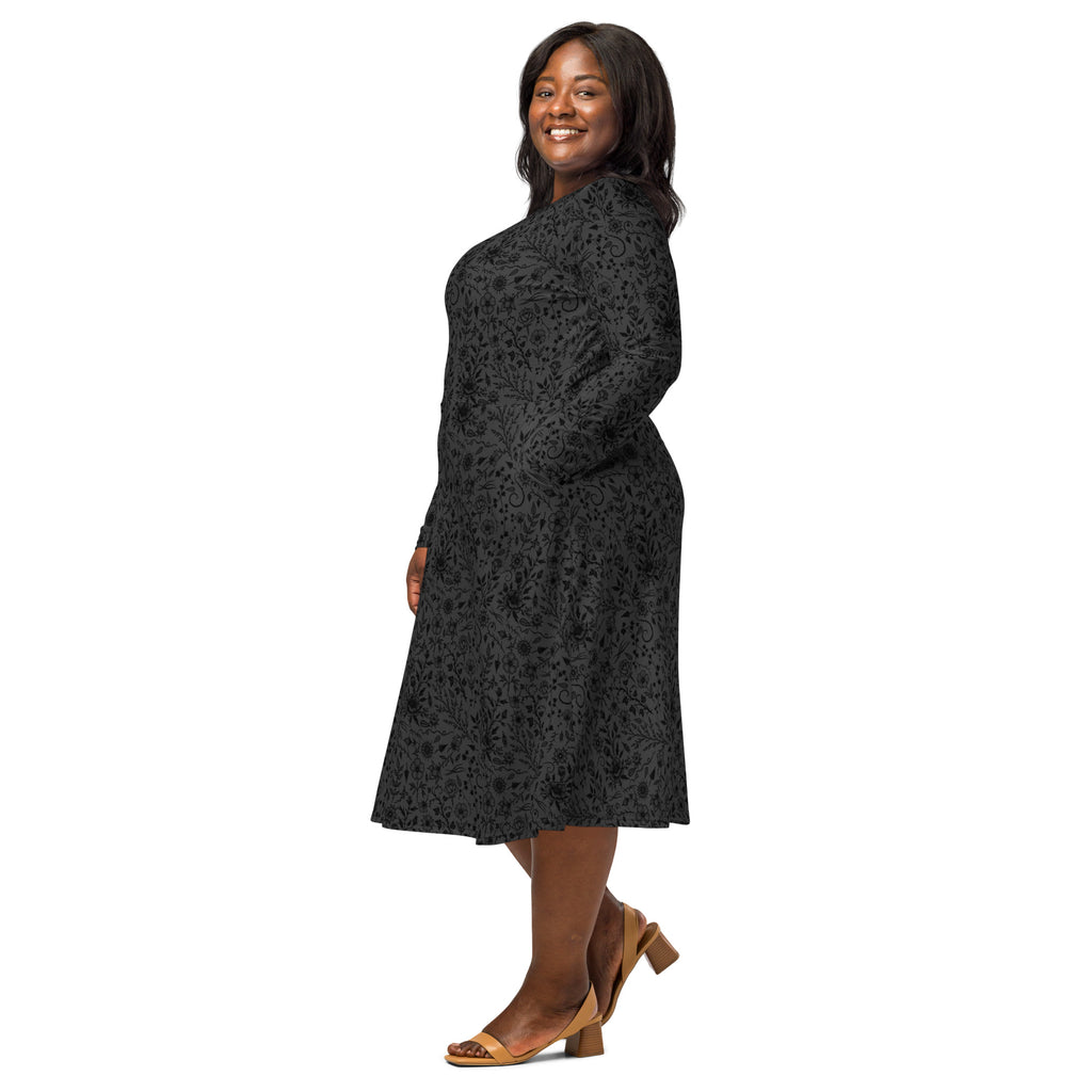 Long Sleeve Pocket Flare Dress - 'Gothic Garden (Black Version)'