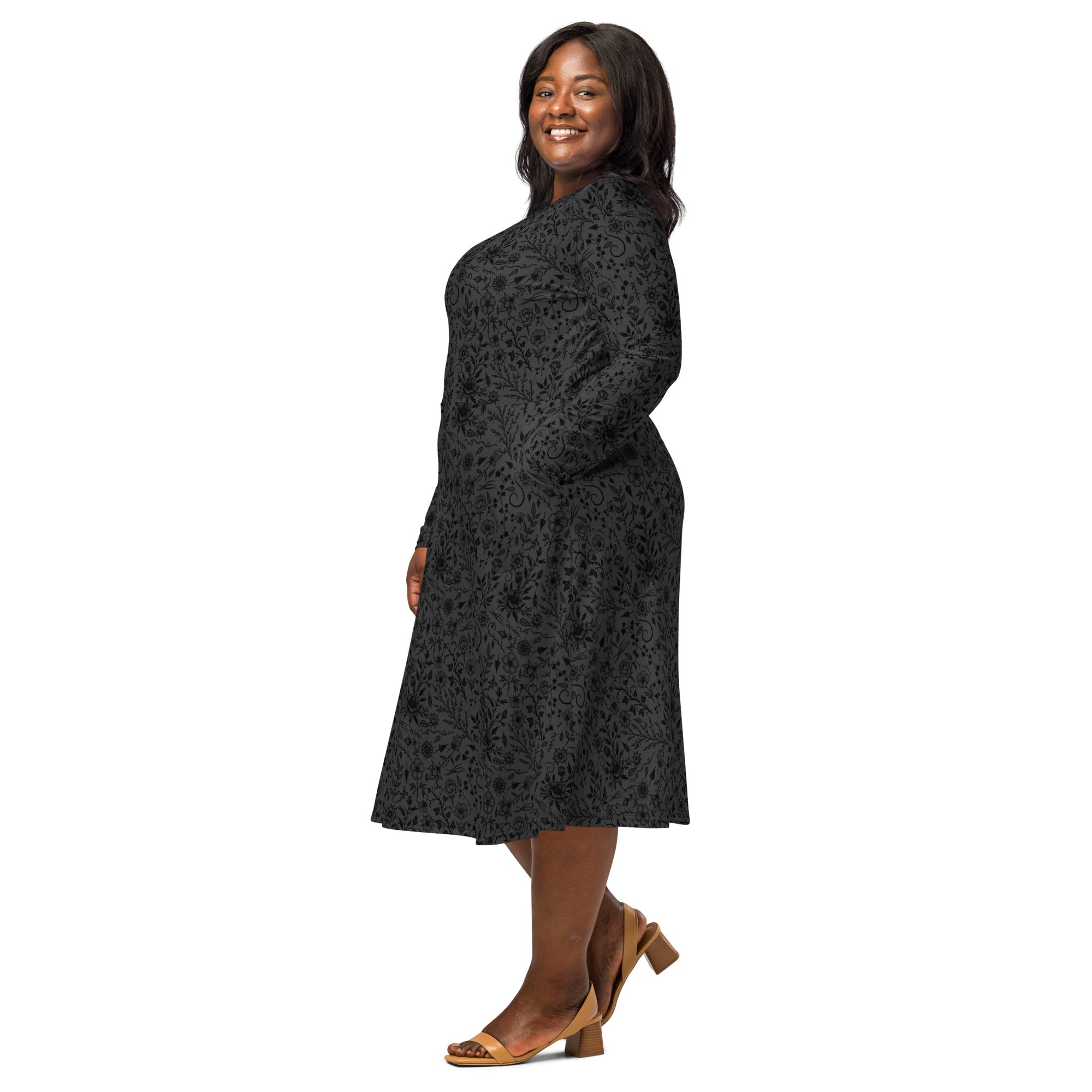 Long Sleeve Pocket Flare Dress - 'Gothic Garden (Black Version)'