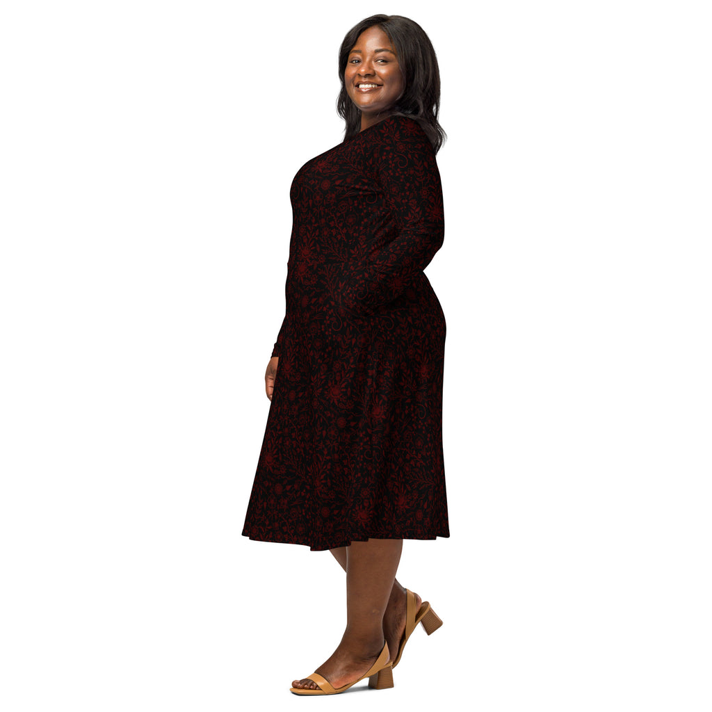 Long Sleeve Pocket Flare Dress - 'Gothic Garden (Red Version)'