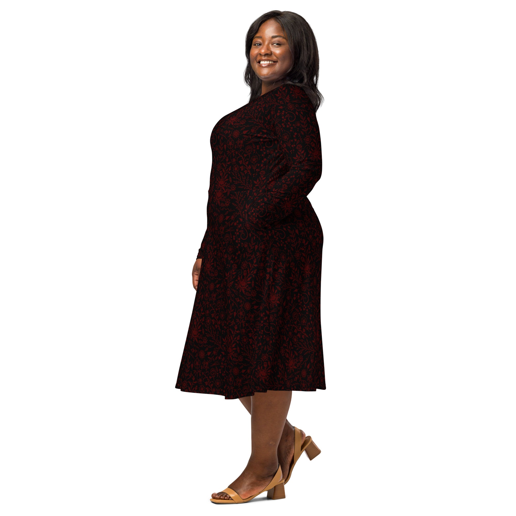 Long Sleeve Pocket Flare Dress - 'Gothic Garden (Red Version)'