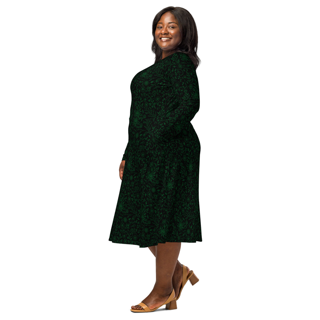 Long Sleeve Pocket Flare Dress - 'Gothic Garden (Green Version)'
