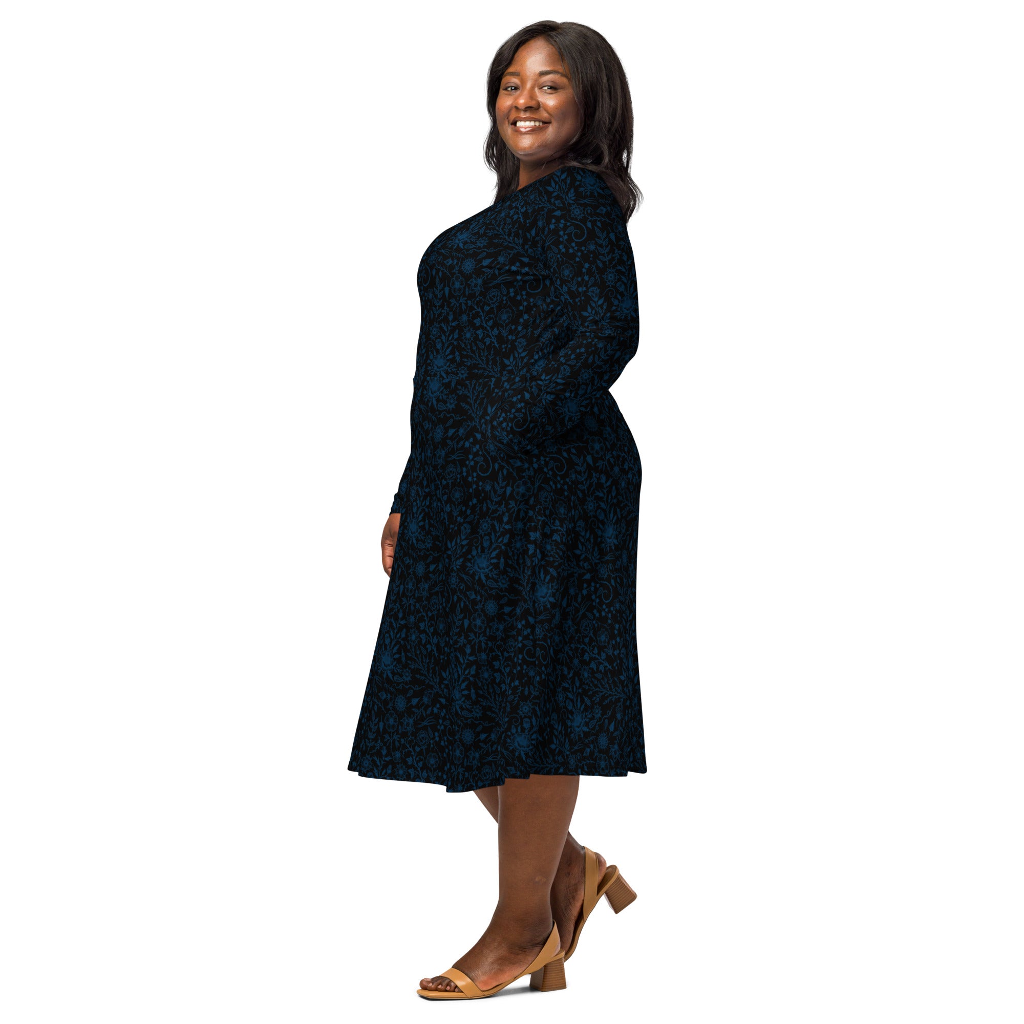 Long Sleeve Pocket Flare Dress - 'Gothic Garden (Blue Version)'