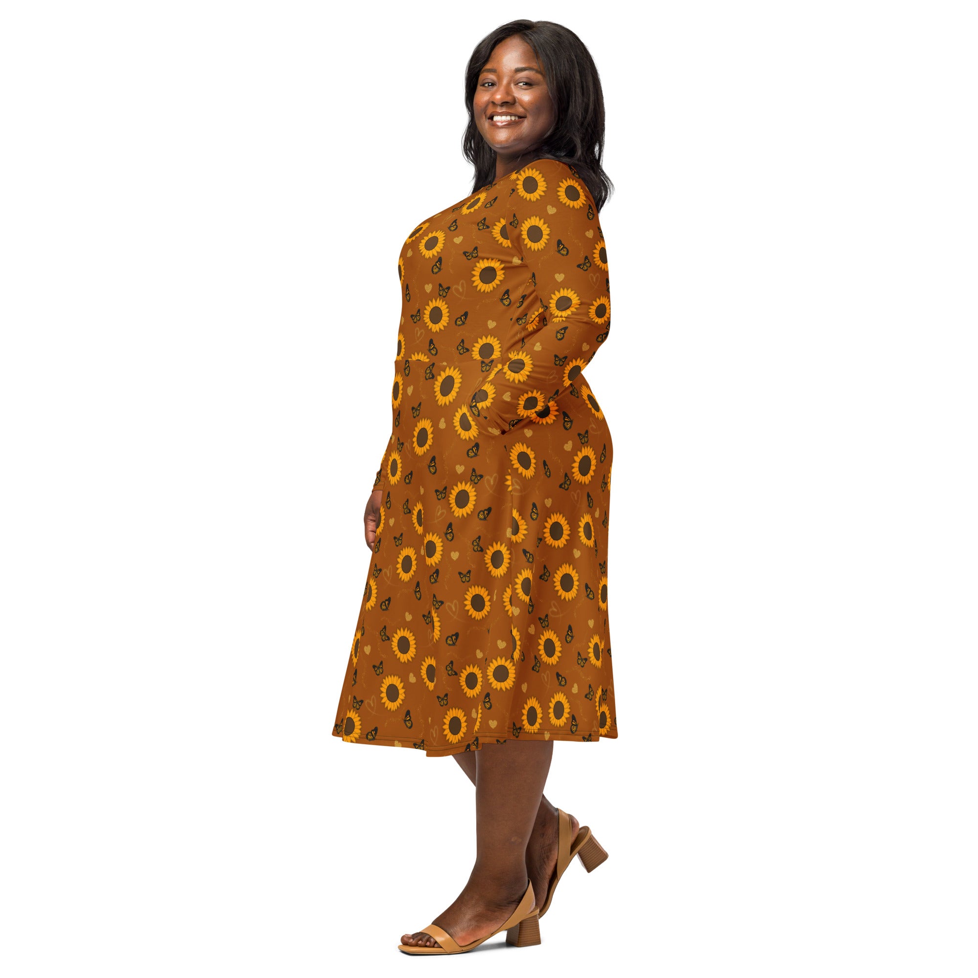 Long Sleeve Pocket Flare Dress - 'Sunflower Sparkle'
