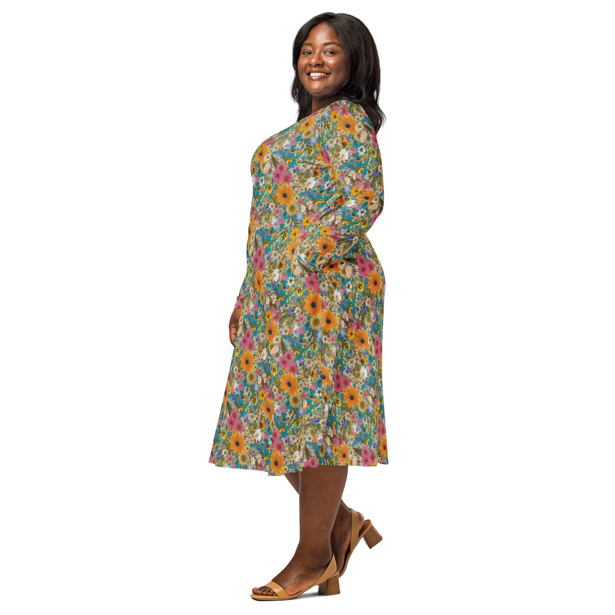 Long Sleeve Pocket Flare Dress - 'Pressed Flowers'