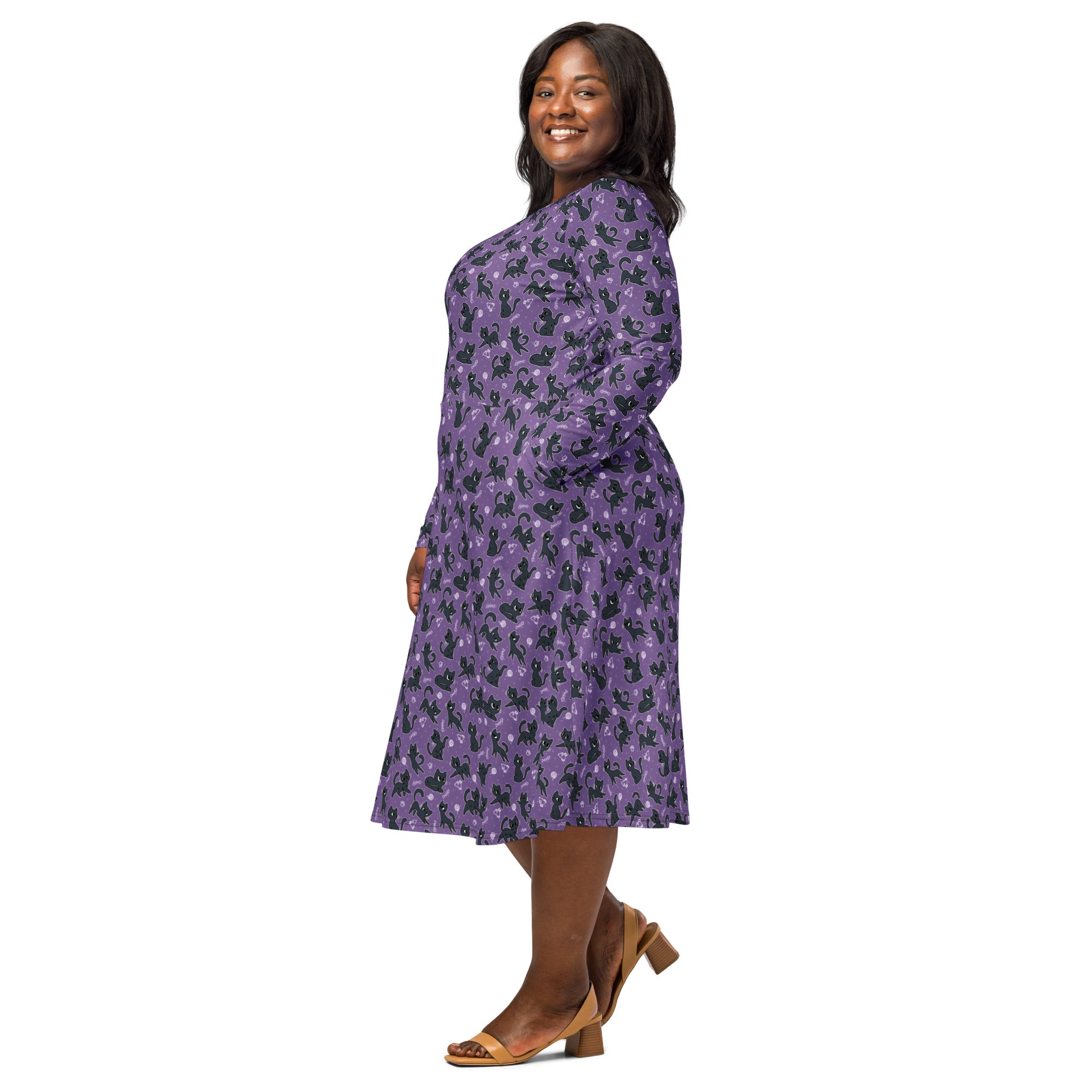 Long Sleeve Pocket Flare Dress - 'Purrple Playtime'