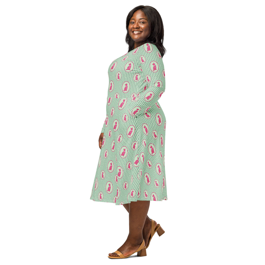 Long Sleeve Pocket Flare Dress - 'Fancy Feline'