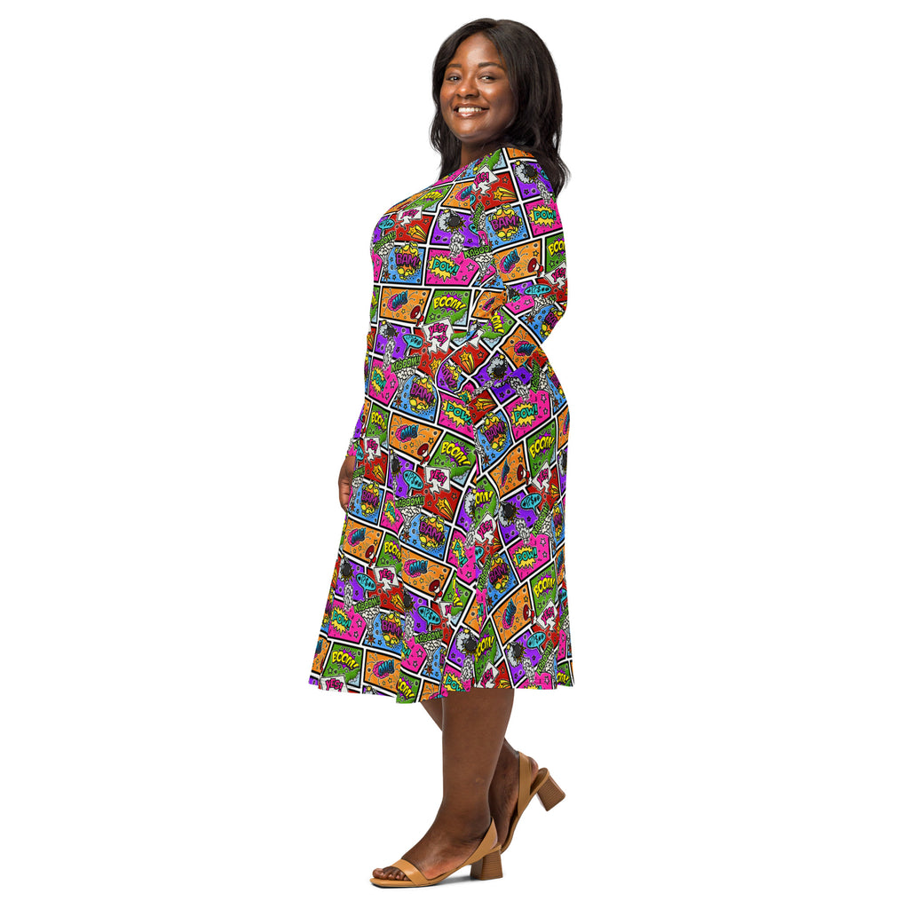 Long Sleeve Pocket Flare Dress - 'Comic Chaos'