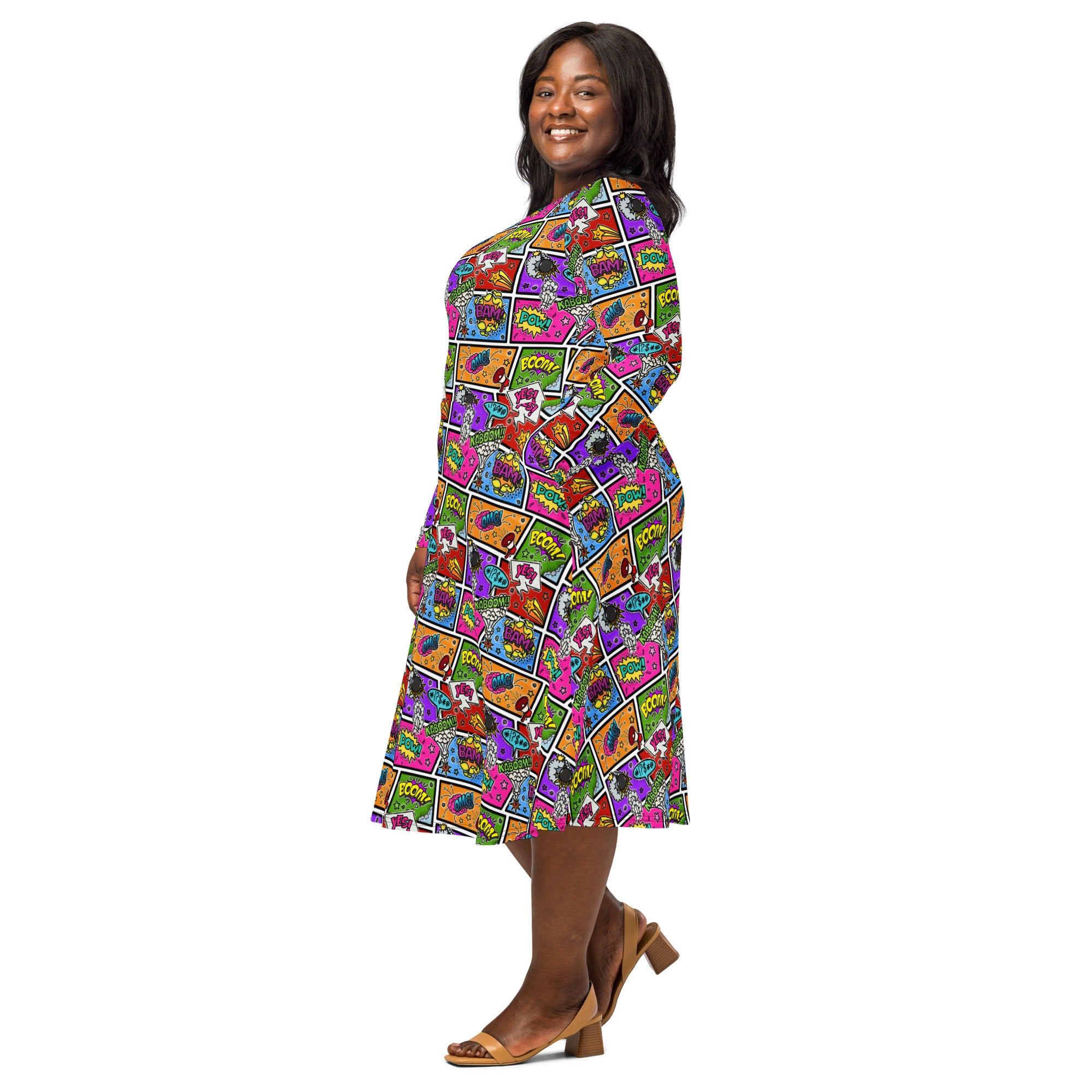Long Sleeve Pocket Flare Dress - 'Comic Chaos'