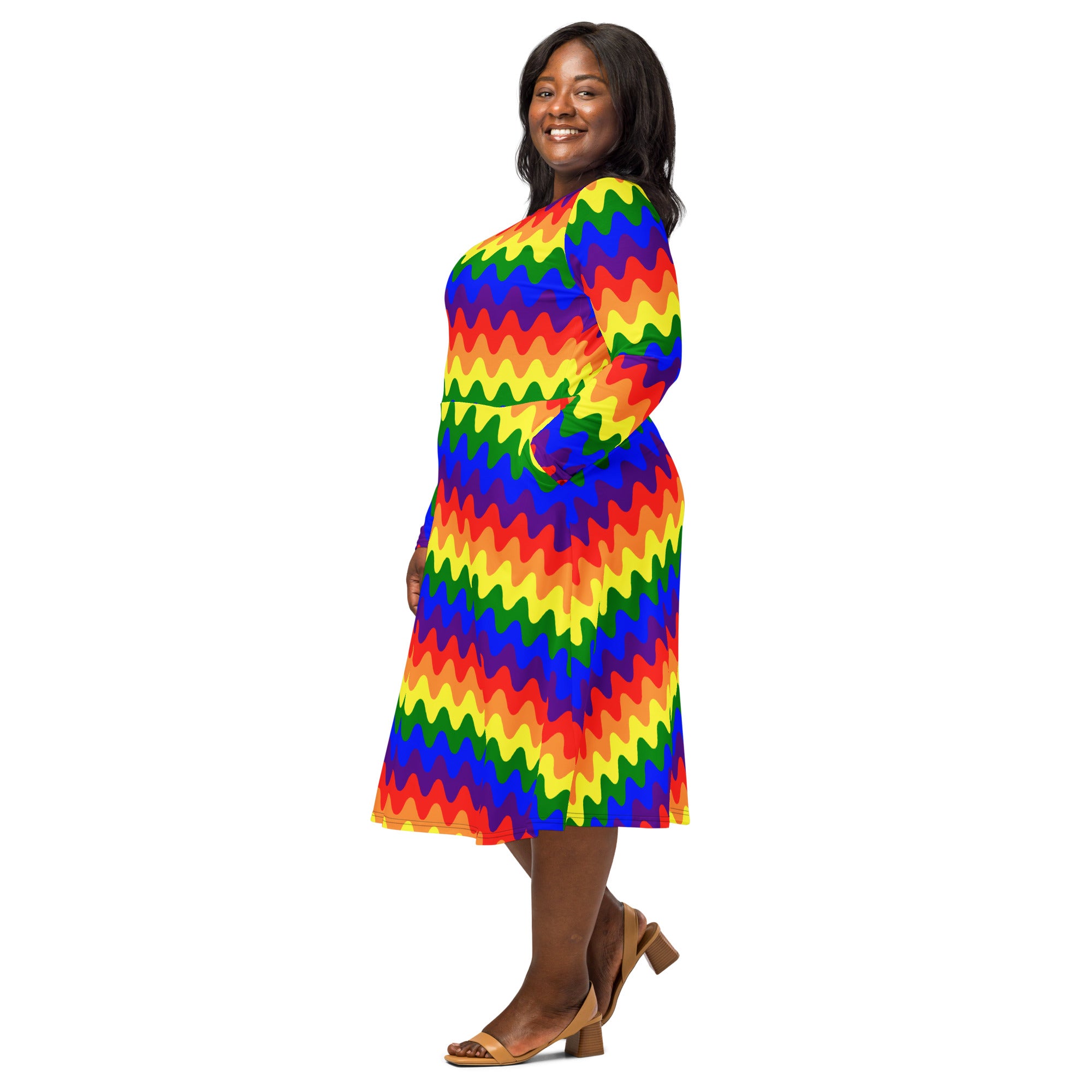 Long Sleeve Pocket Flare Dress - 'Rainbow Waves'